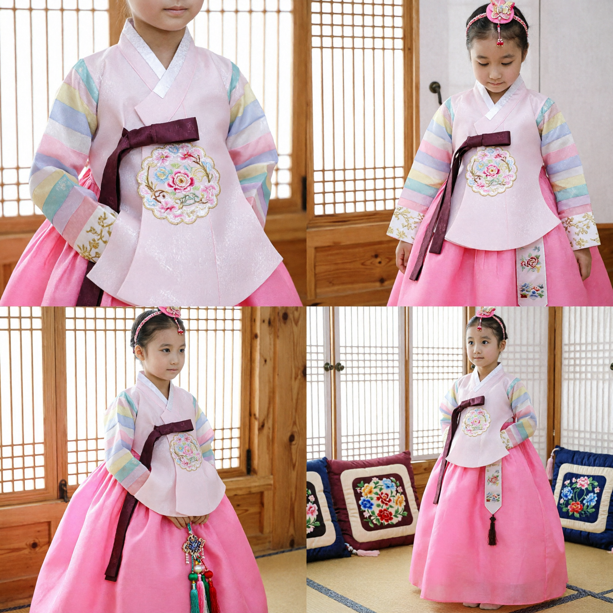 Hanbok Tradicional Coreano para Niñas: Vestido Rosa con Mangas Arcoíris Traje Formal para Fiesta de Primer Cumpleaños Dol - Asian Costume