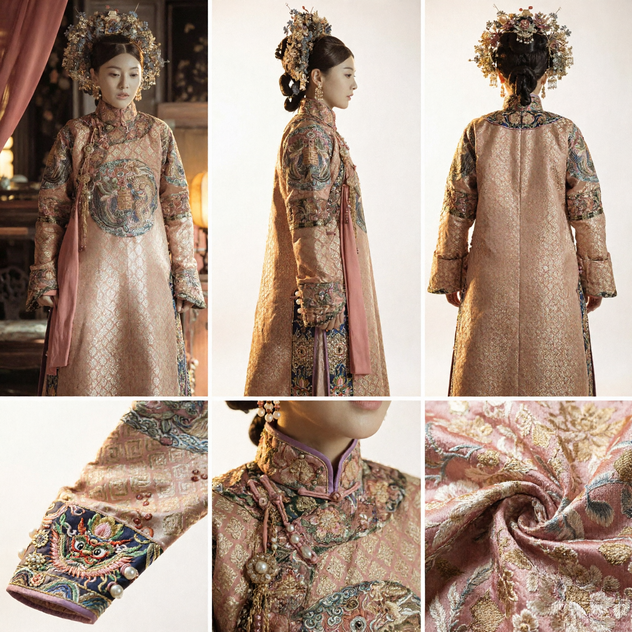 Tradycyjna chińska suknia ślubna mandżurskiej szlachcianki z dynastii Qing, haftowana szata i nakrycie głowy dla kobiet - Asian Costume