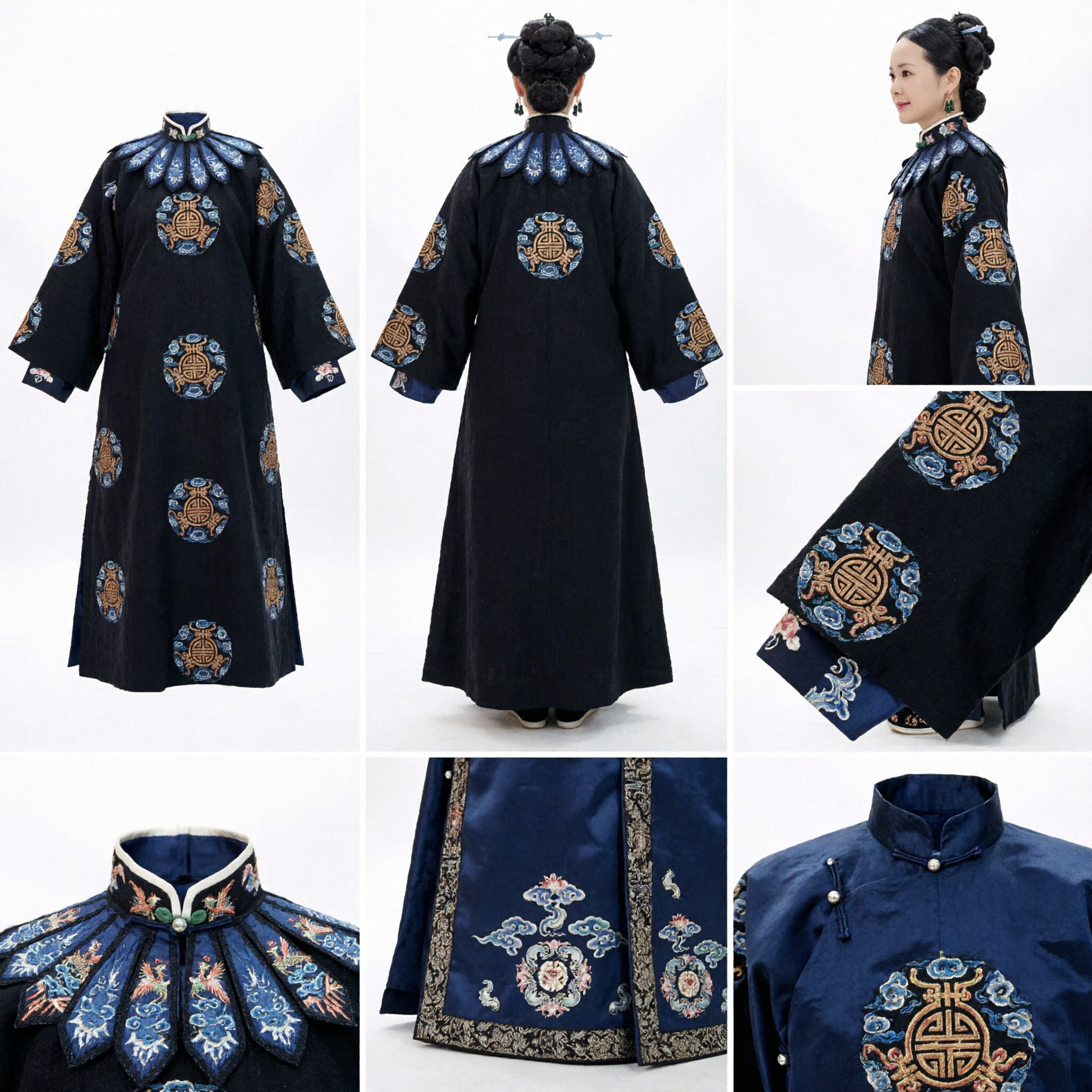 Robe de Dama Nobre Manchu da Dinastia Qing Tradicional Chinês Traje Antigo Preto Bordado para Mulheres para Performance no Palco - Asian Costume