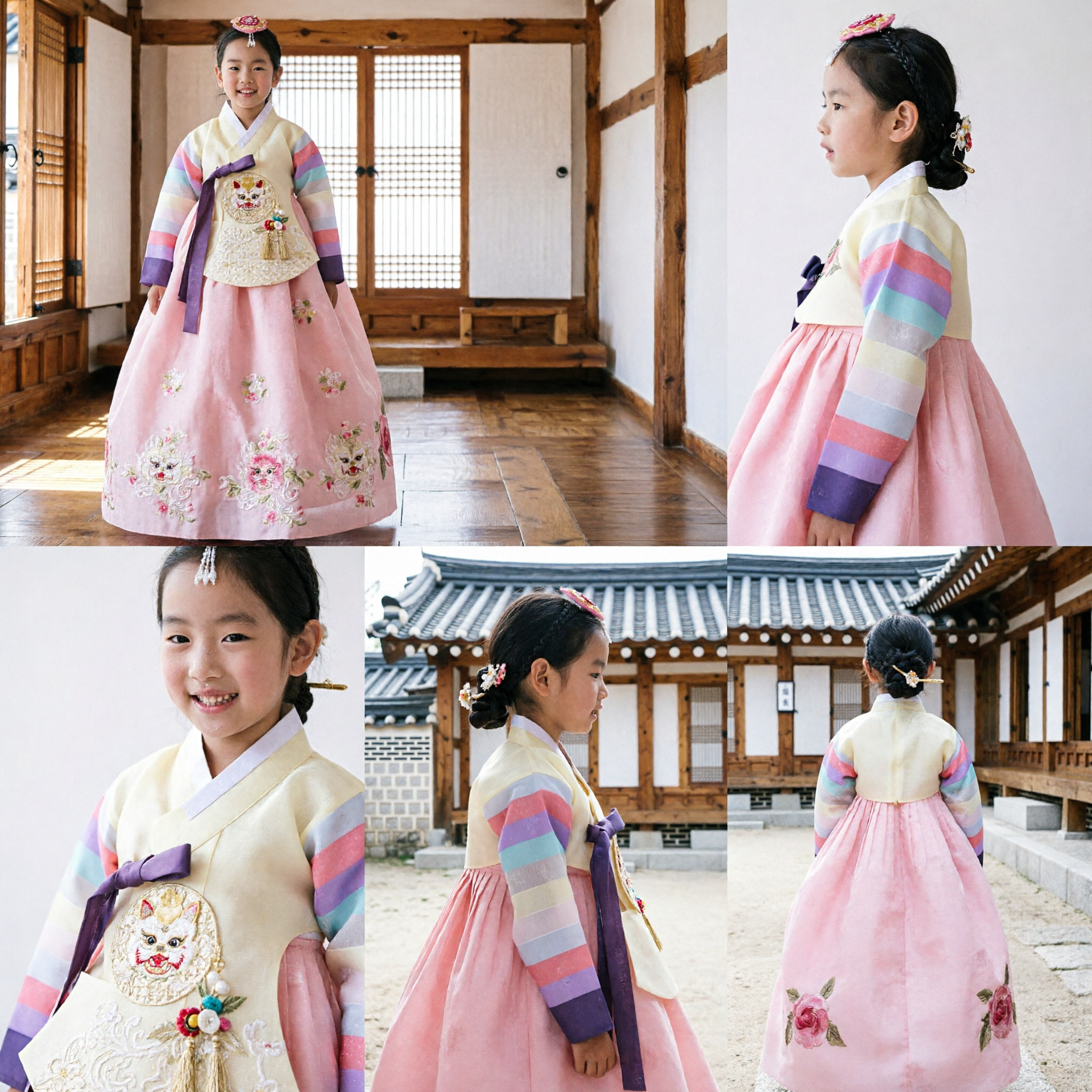 Tradycyjny koreański strój Hanbok dla dziewczynek, top w tęczowe paski, różowa haftowana spódnica, sukienka na wesele lub święto - Asian Costume