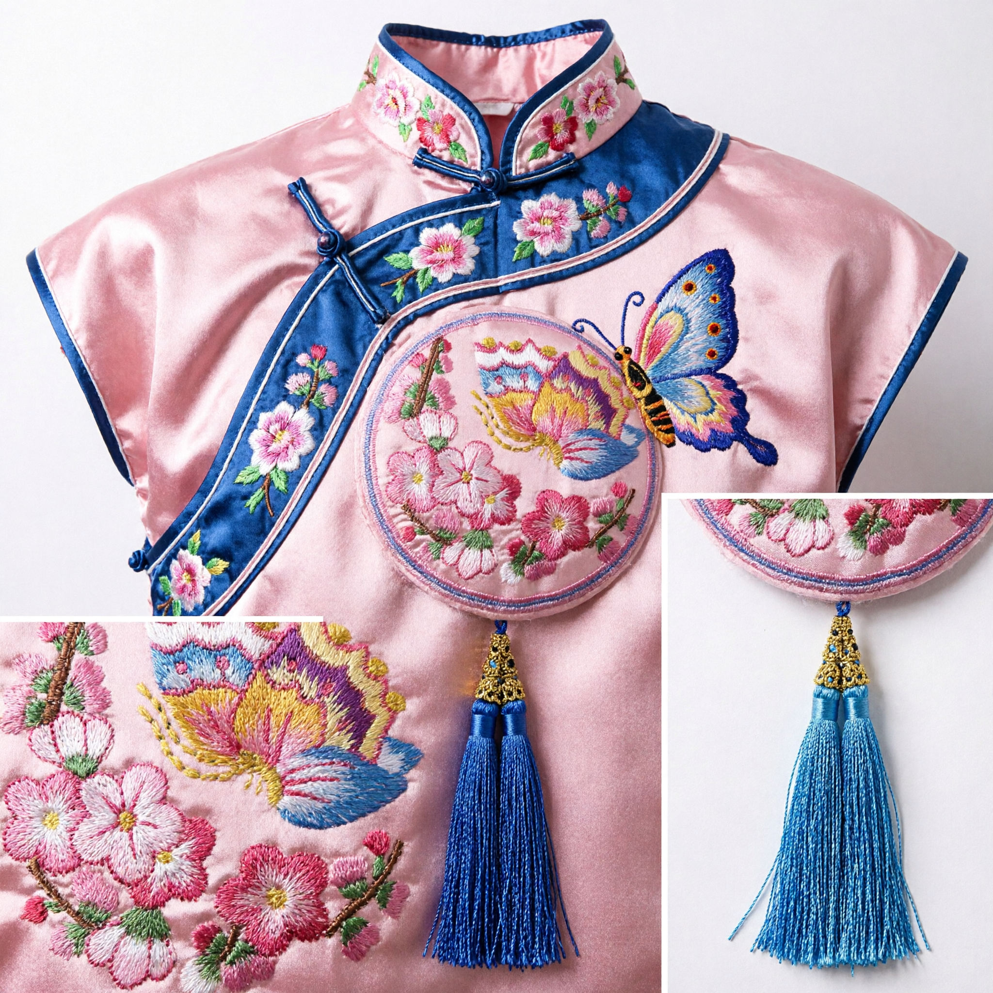 Accessoire capillaire traditionnel chinois Hanfu, papillon brodé rose avec fleur, pendentif rond avec gland pour femmes - Asian Costume