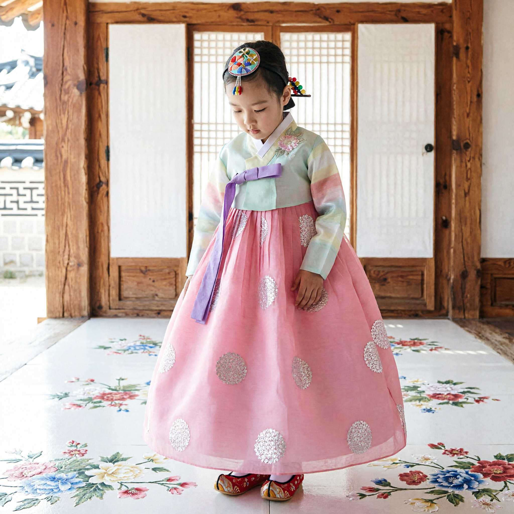 Tradycyjna koreańska suknia Hanbok dla dziewczynek, pastelowy tęczowy top i różowa spódnica, dziecięcy kostium na festiwale kulturowe - Asian Costume