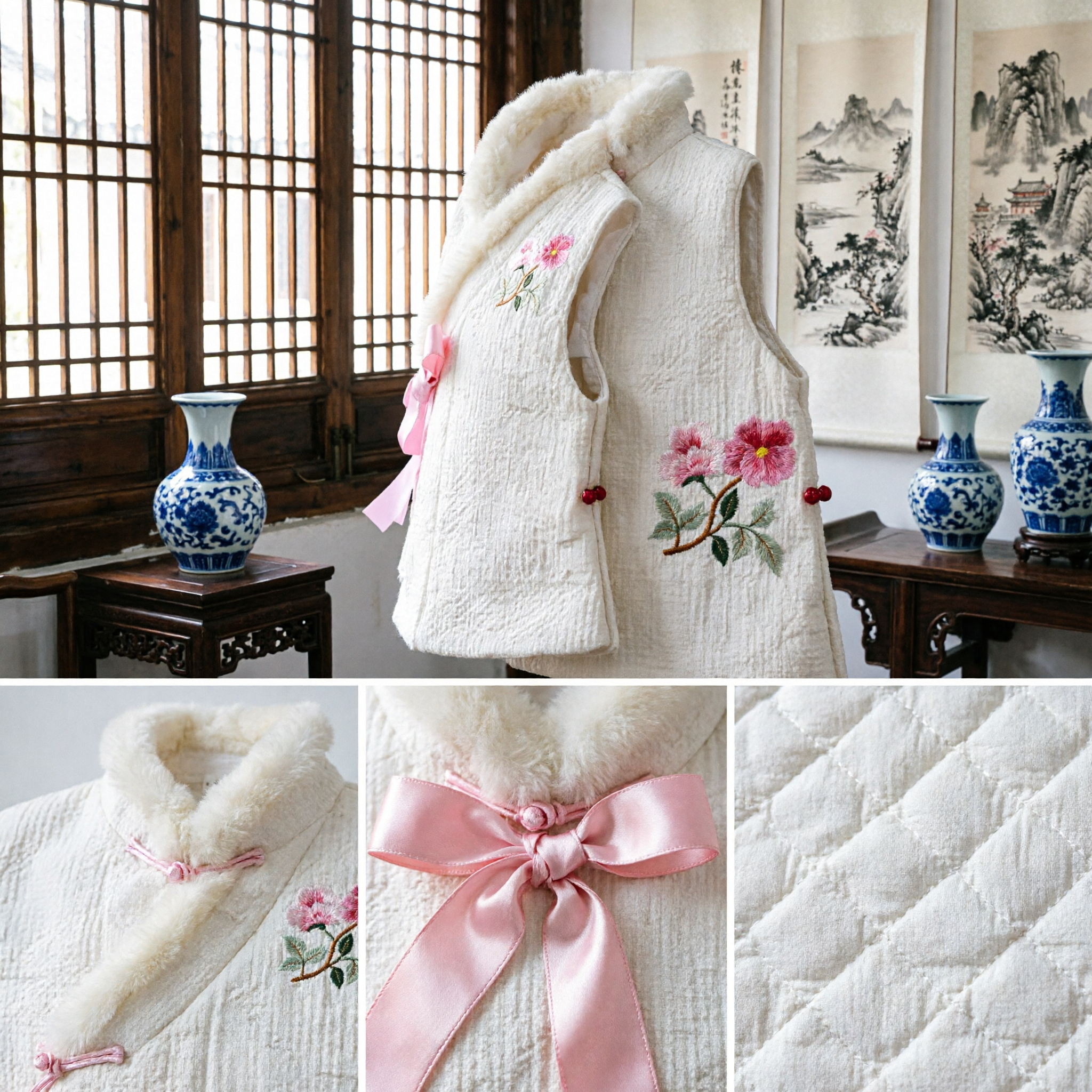 Veste Tang traditionnelle chinoise pour filles, gilet matelassé blanc avec col en fausse fourrure et broderie de nœud rose - Asian Costume