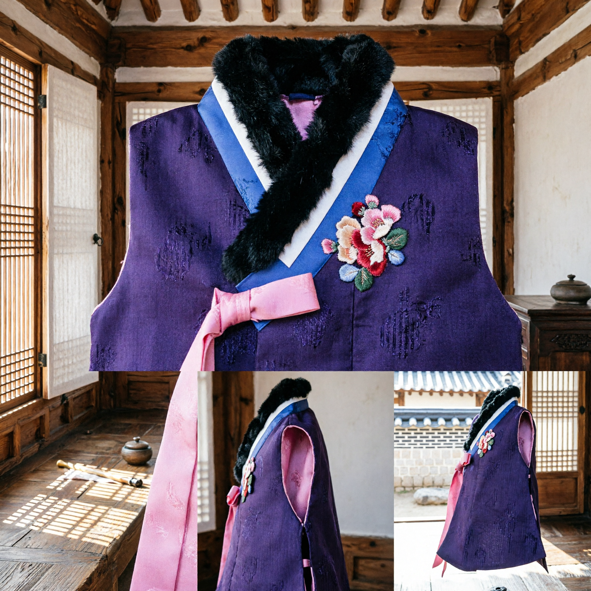 Chaleco Baeja tradicional coreano Hanbok morado con cuello de piel negra y bordado floral para festivales de invierno para mujeres - Asian Costume