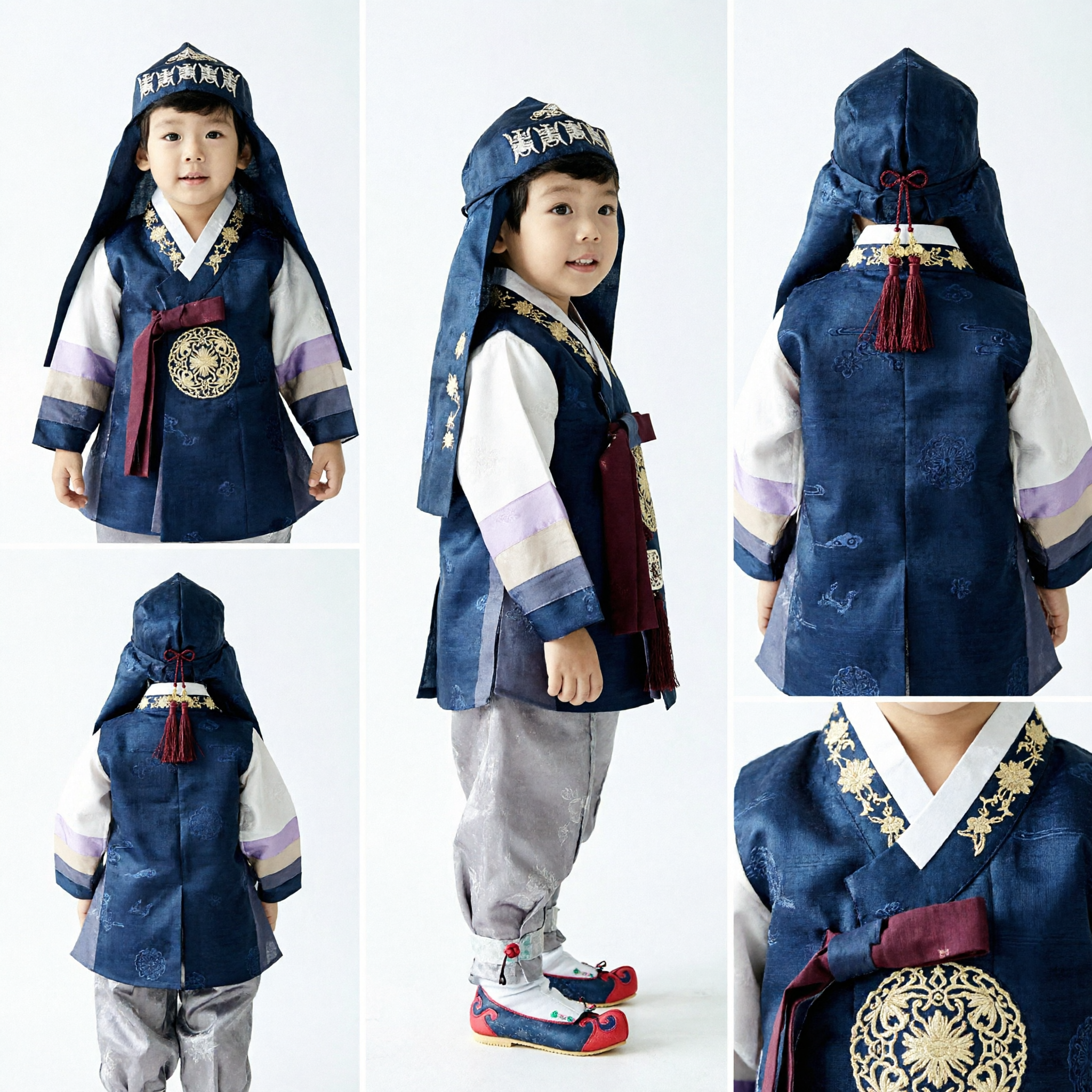 Traditionelles koreanisches Hanbok für Jungen, blaues Kapuzen-Beamtenkostüm für Kinder-Doljanchi-Erstgeburtstagsparty - Asian Costume