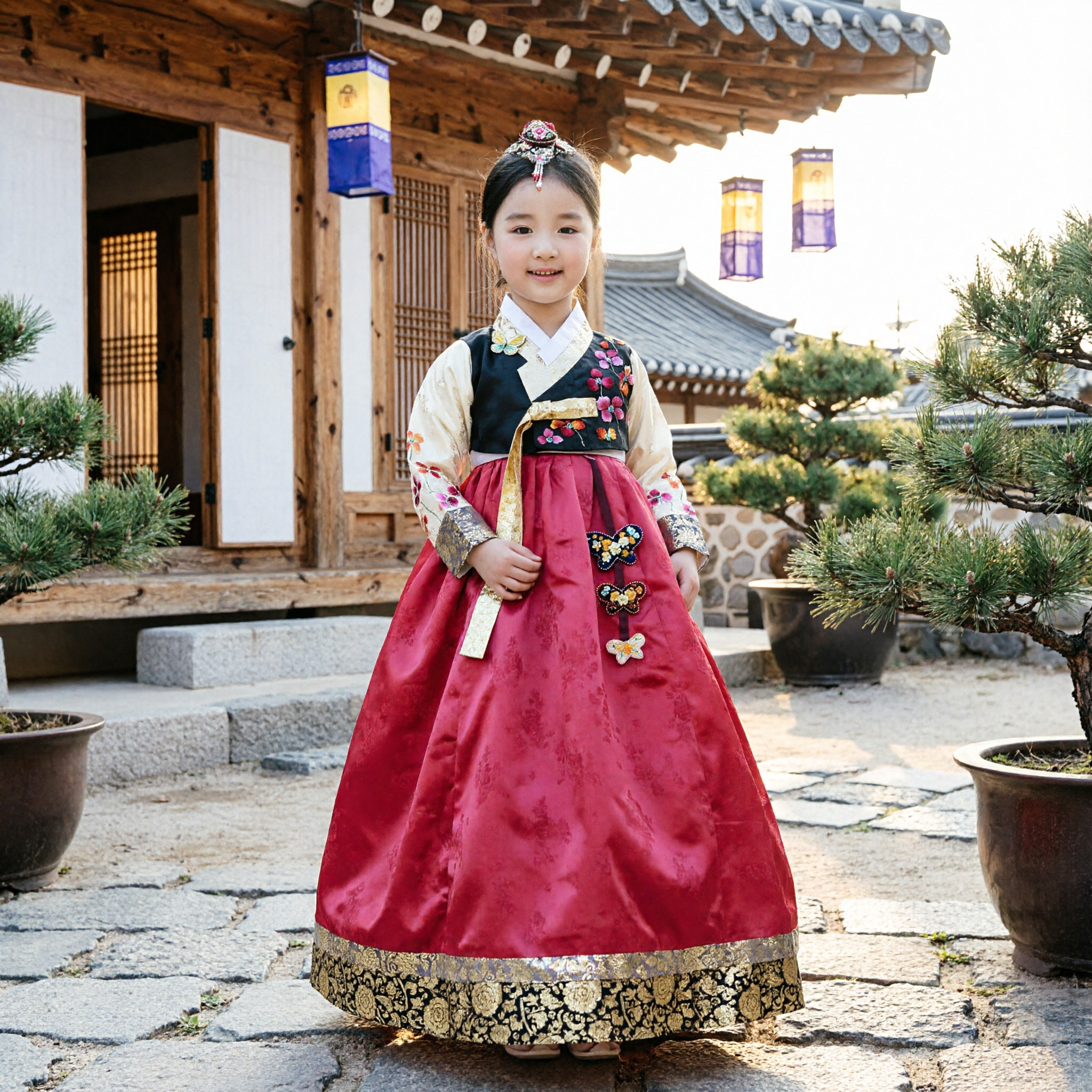 Koreańska tradycyjna suknia Hanbok dla dziewczynek, dziecięcy kostium pałacowy, haftowany top i czerwona spódnica na festiwal i przyjęcia - Asian Costume