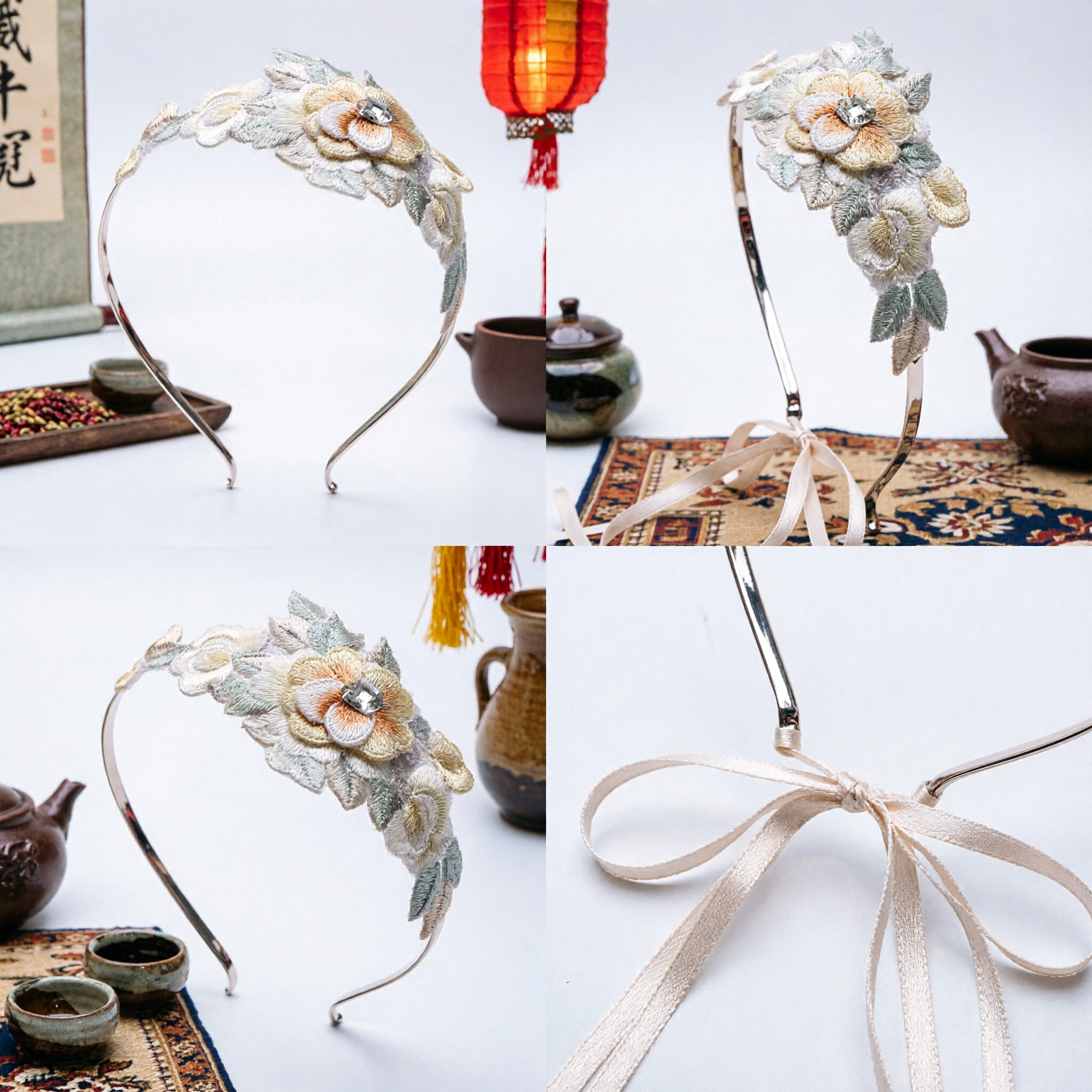 Exquisite handgefertigte bestickte Blumenhaarreifen-Stirnband, traditionelles chinesisches Brauthochzeits-Haaraccessoire für Hanfu - Asian Costume