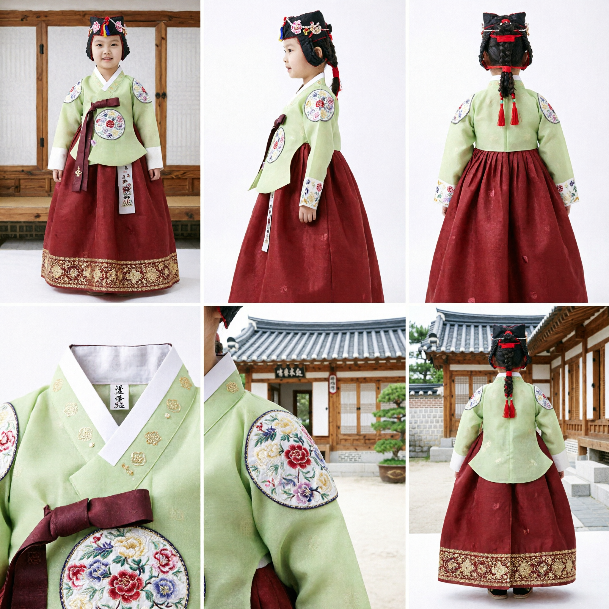 韓国伝統 ハンボク 女児用 子供緑チョゴリ赤チマ刺繍ドレス 結婚式・誕生日パーティー用 - Asian Costume
