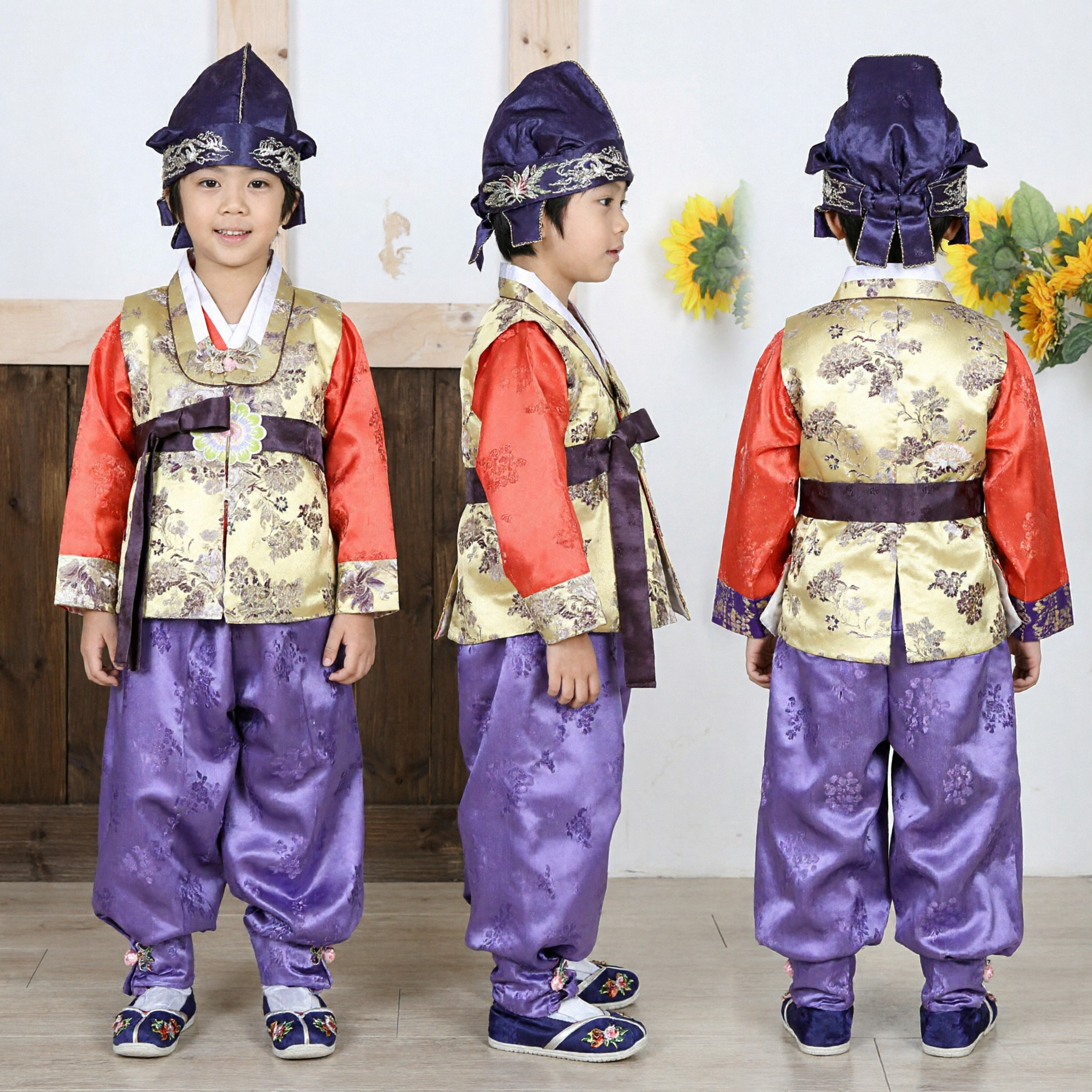 伝統的な韓国ハンボク 男の子用 金のベストと紫のバジ 子供用トル（初誕生日）衣装 - Asian Costume