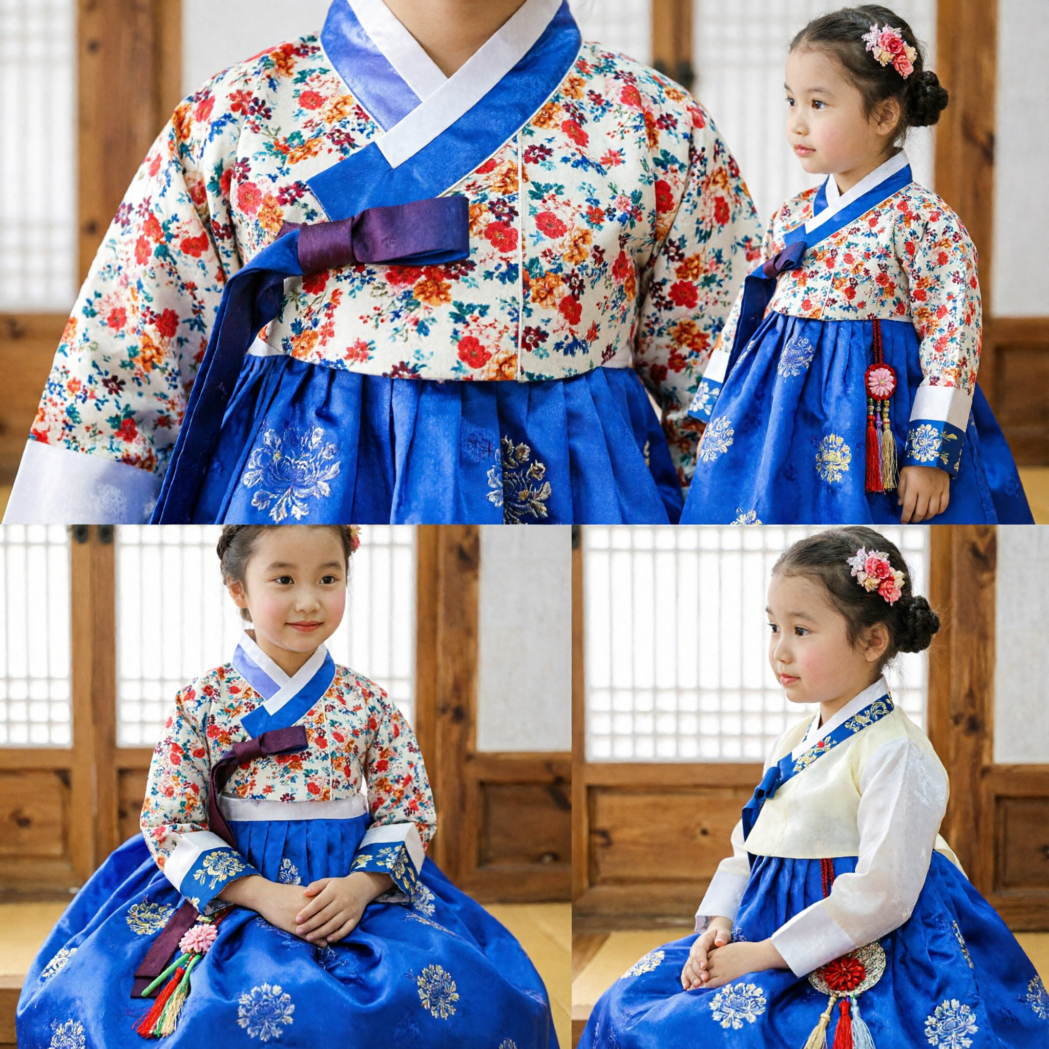 Set Hanbok tradizionale coreano per bambini, jeogori floreale blu e chima blu reale per festival e matrimoni - Asian Costume
