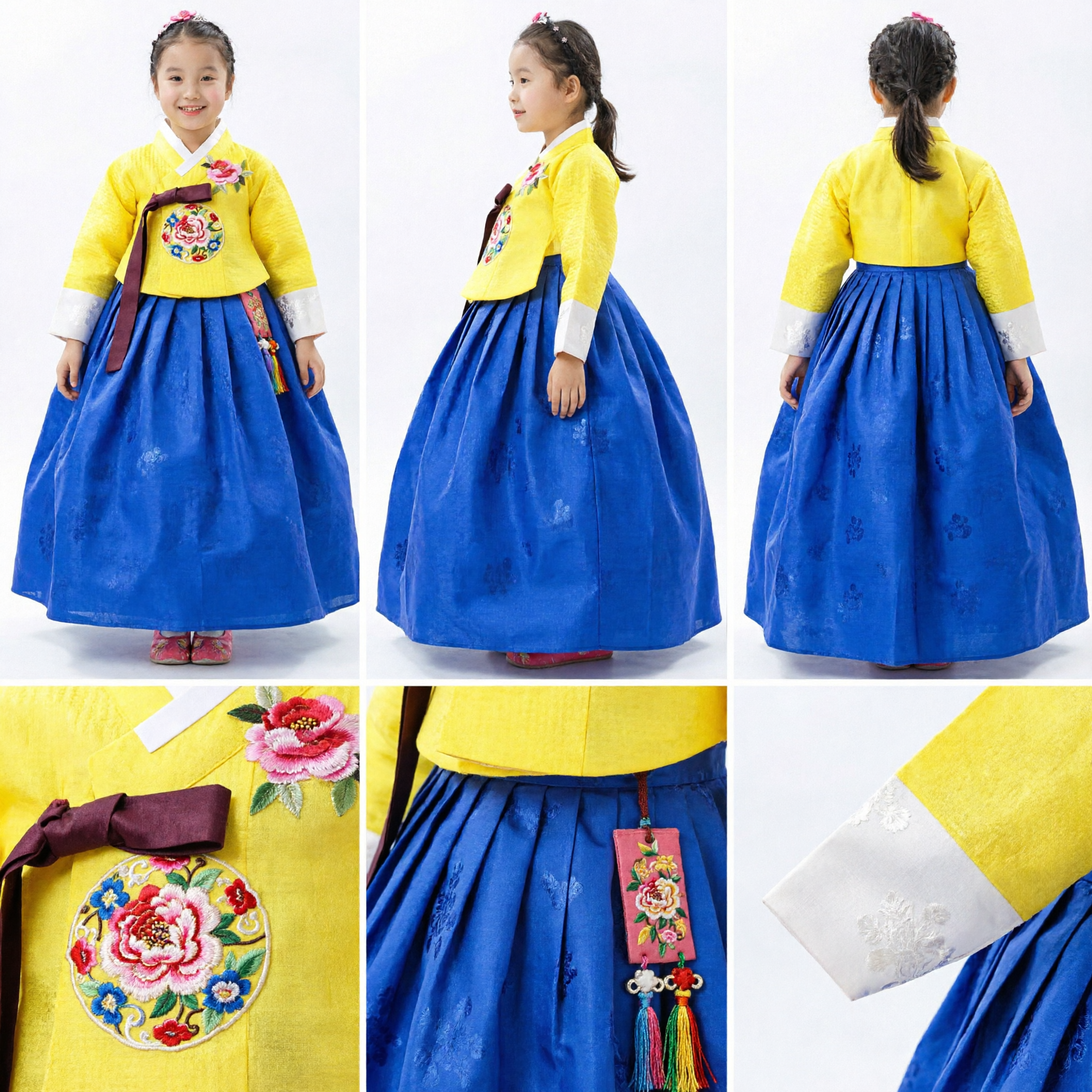 Hanbok Coreano Infantil Vestido Tradicional Meninas Top Amarelo Saia Azul Traje para Celebrações de Aniversário - Asian Costume