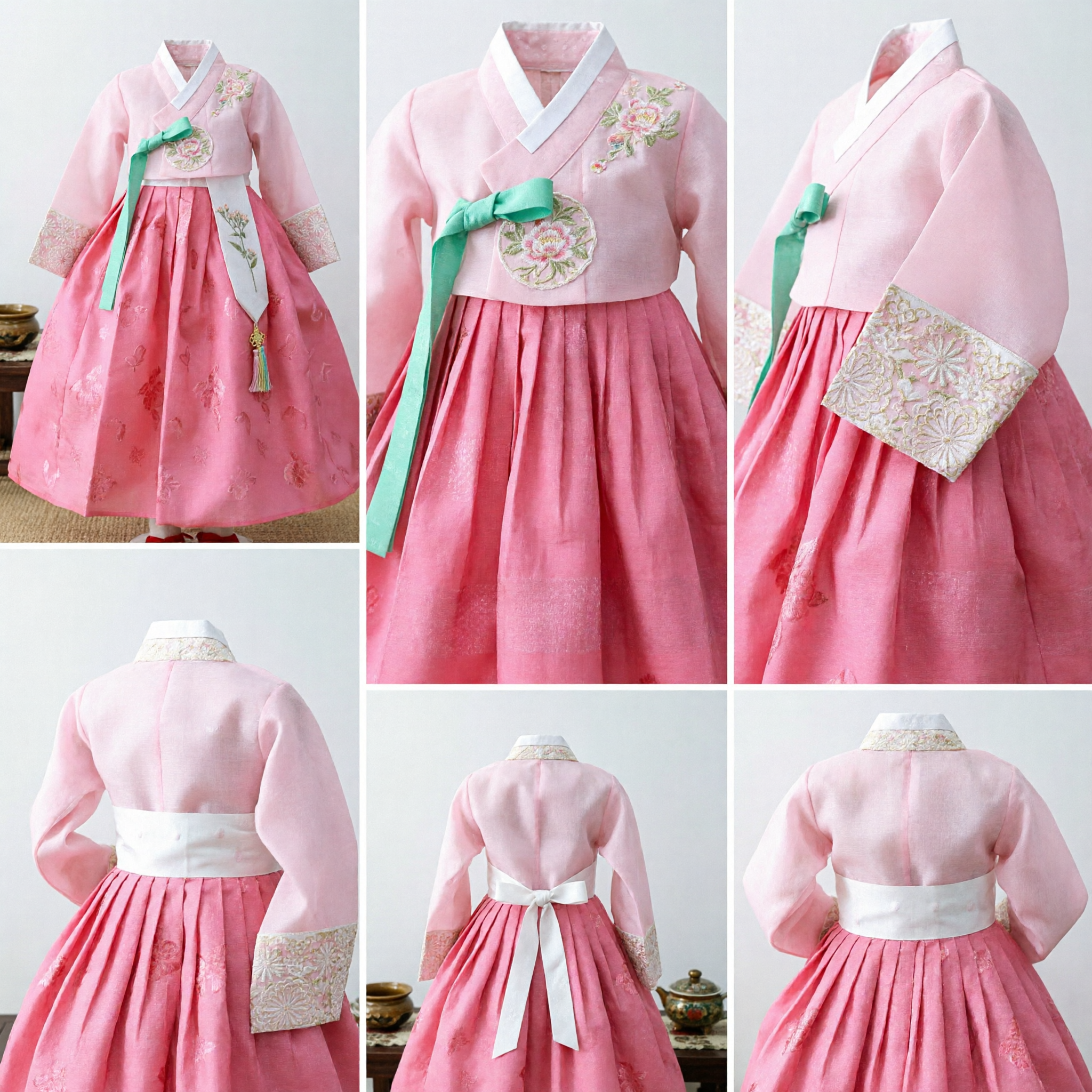 Vestido Hanbok Coreano Tradicional para Niñas Conjunto de Traje Formal con Ribete de Encaje Rosa para Boda y Fiesta - Asian Costume