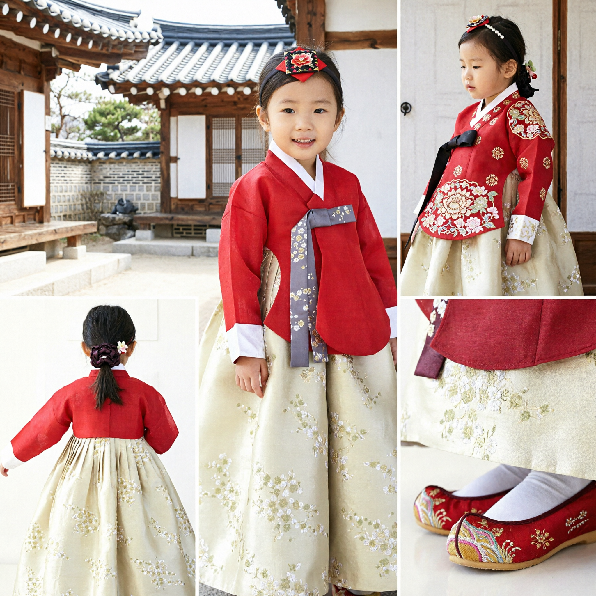 Traje Hanbok Coreano Tradicional para Niñas Top Rojo y Falda Floral Crema para Boda y Fiesta - Asian Costume