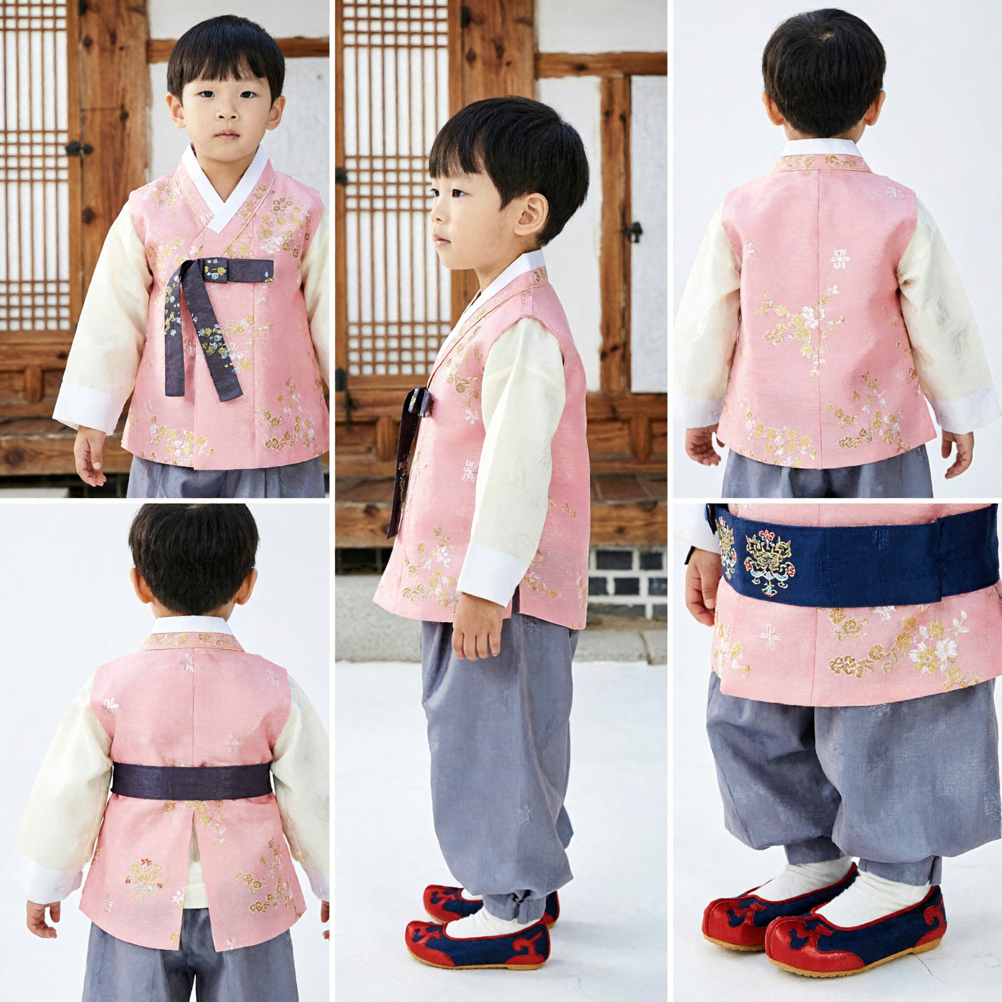 Set Hanbok tradizionale coreano per ragazzi, gilet floreale rosa e pantaloni grigi, costume per Doljanchi, matrimoni e festival - Asian Costume