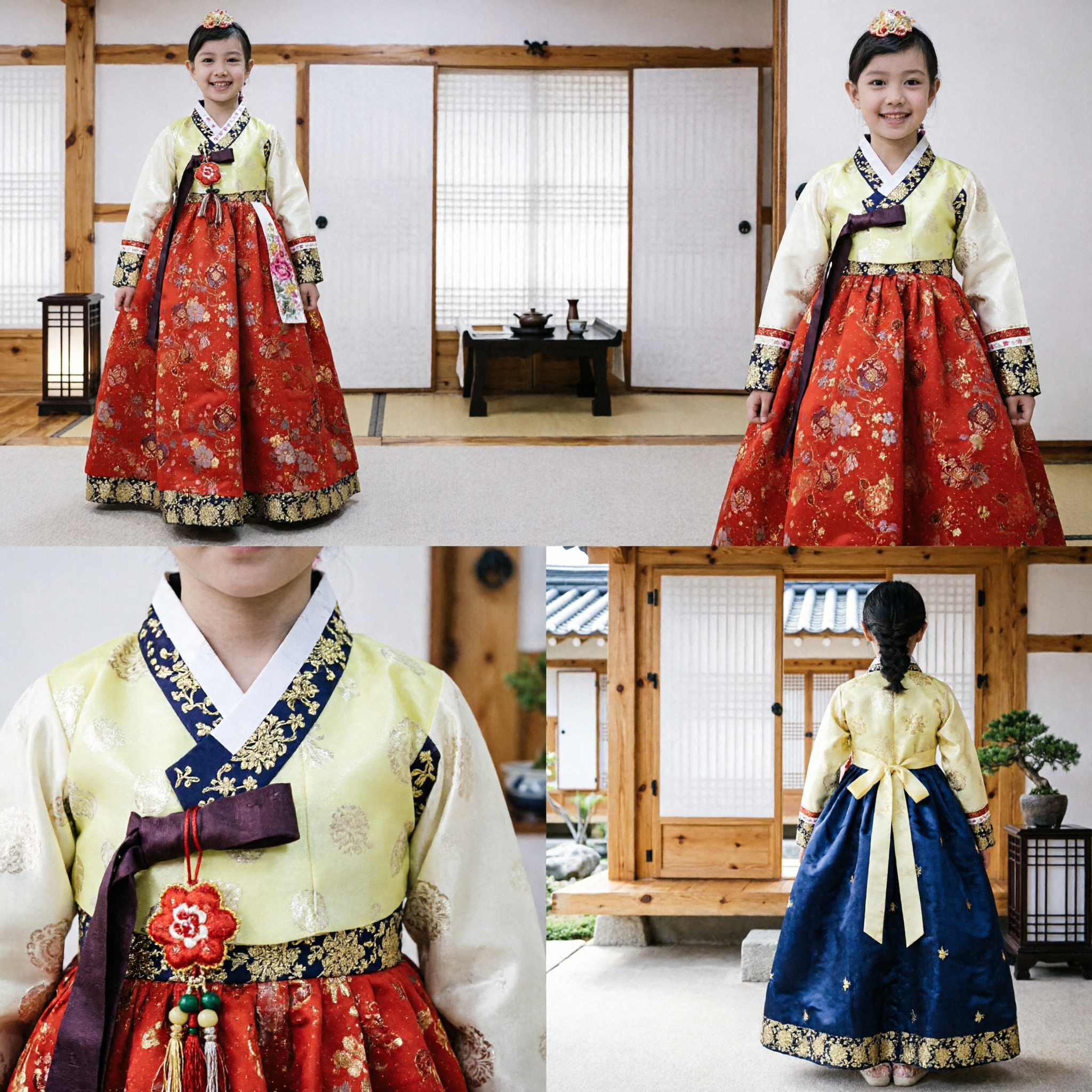 Tradycyjny koreański hanbok dla dziewczynek, dziecięcy strój z czerwoną kwiecistą spódnicą i żółtym topem na festiwale - Asian Costume