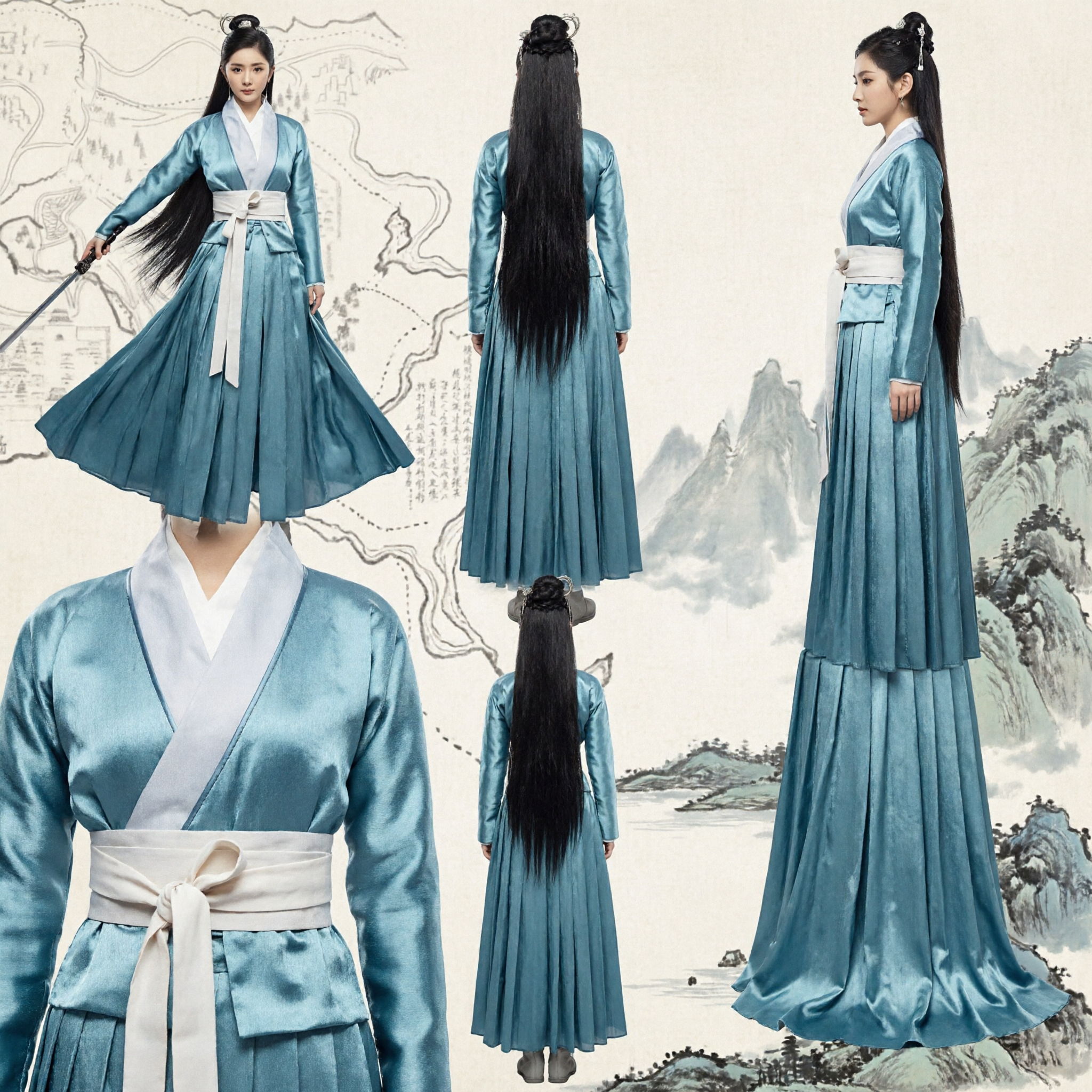 Traditionelles Chinesisches Hanfu Blaue Schwertkämpferin Kostüm Antike Wuxia Kampfkunst Kleidung für Frauen - Asian Costume