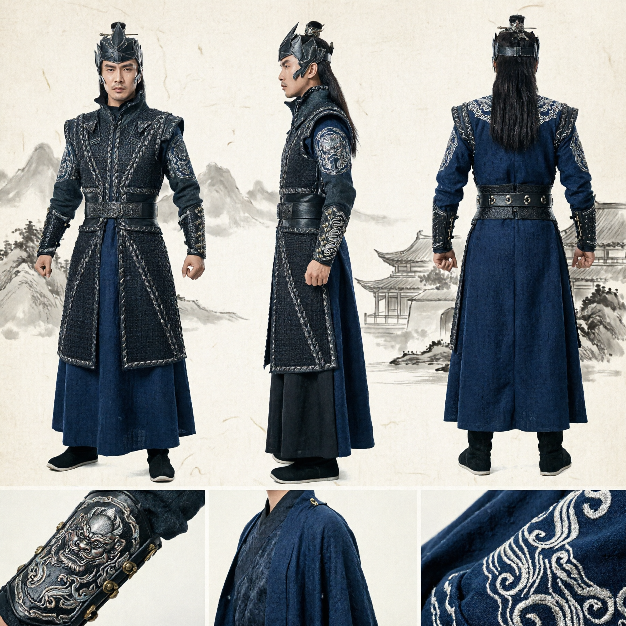 Costume cosplay da guerriero generale dell'antica Cina, armatura nera Hanfu tradizionale maschile per Halloween ed esibizioni - Asian Costume