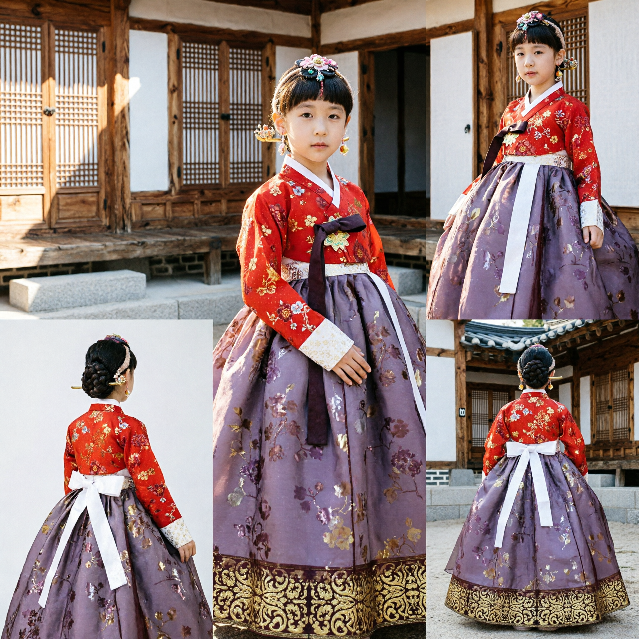 Kinder Koreanisches Traditionelles Hanbok Kleid Rotes Blumen Oberteil Brauner Rock Mädchen Formelle Hochzeit Geburtstag Kostüm - Asian Costume