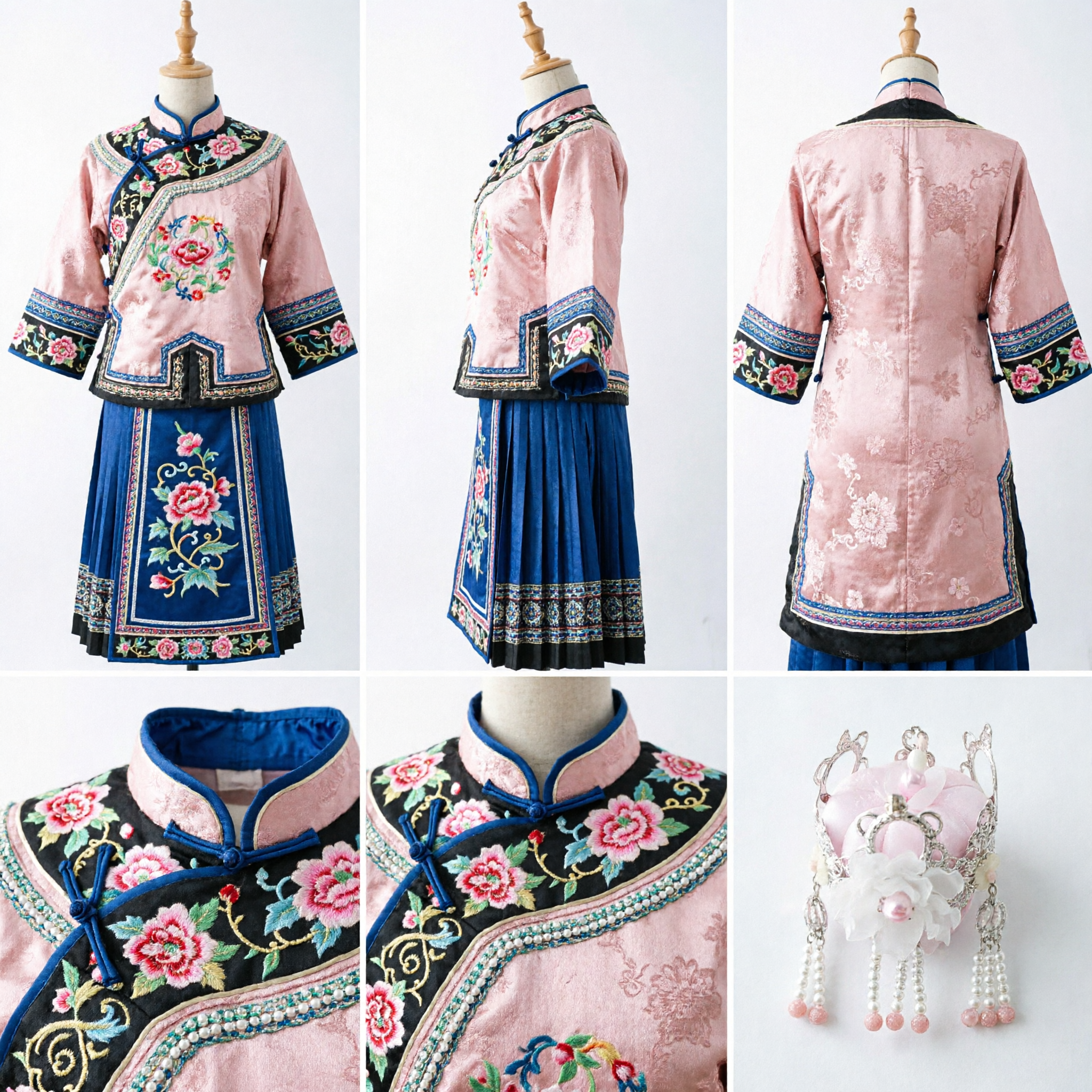 مشبك شعر بتاج أميرة وردي للأطفال، إكسسوارات زي هانفو الصيني التقليدي مع زهور بيضاء - Asian Costume