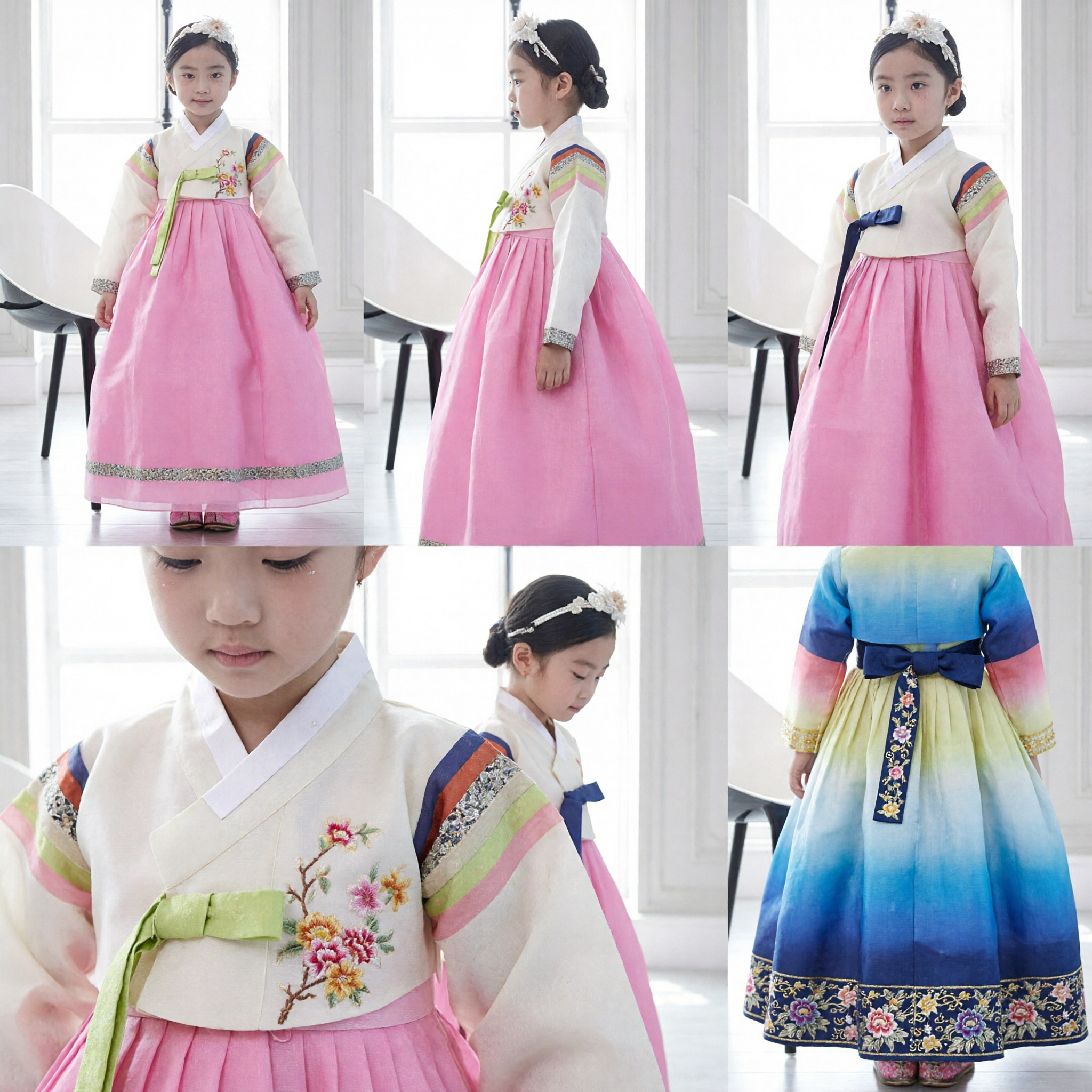 Costume Tradizionale Coreano Hanbok per Ragazze, Gonna Rosa, Top Crema, Ricamo Floreale, Abito per Compleanno - Asian Costume
