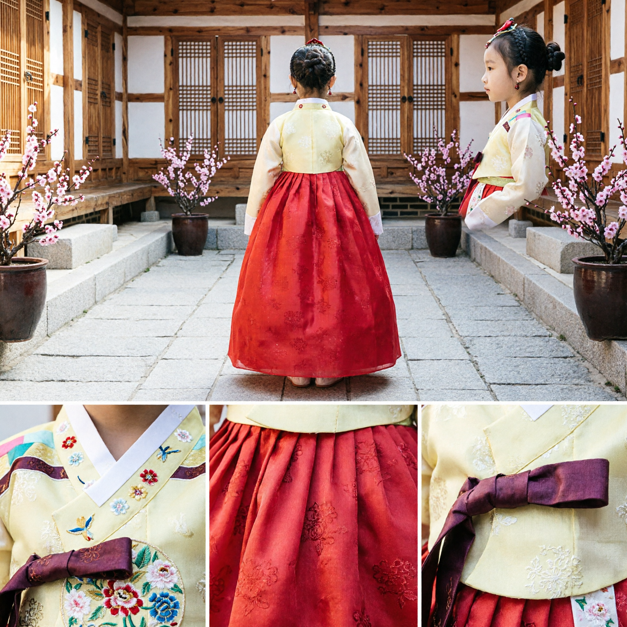 Hanbok Tradicional Coreano para Niñas Infantil Chima Roja Jeogori Amarillo Conjunto para Fiestas - Asian Costume