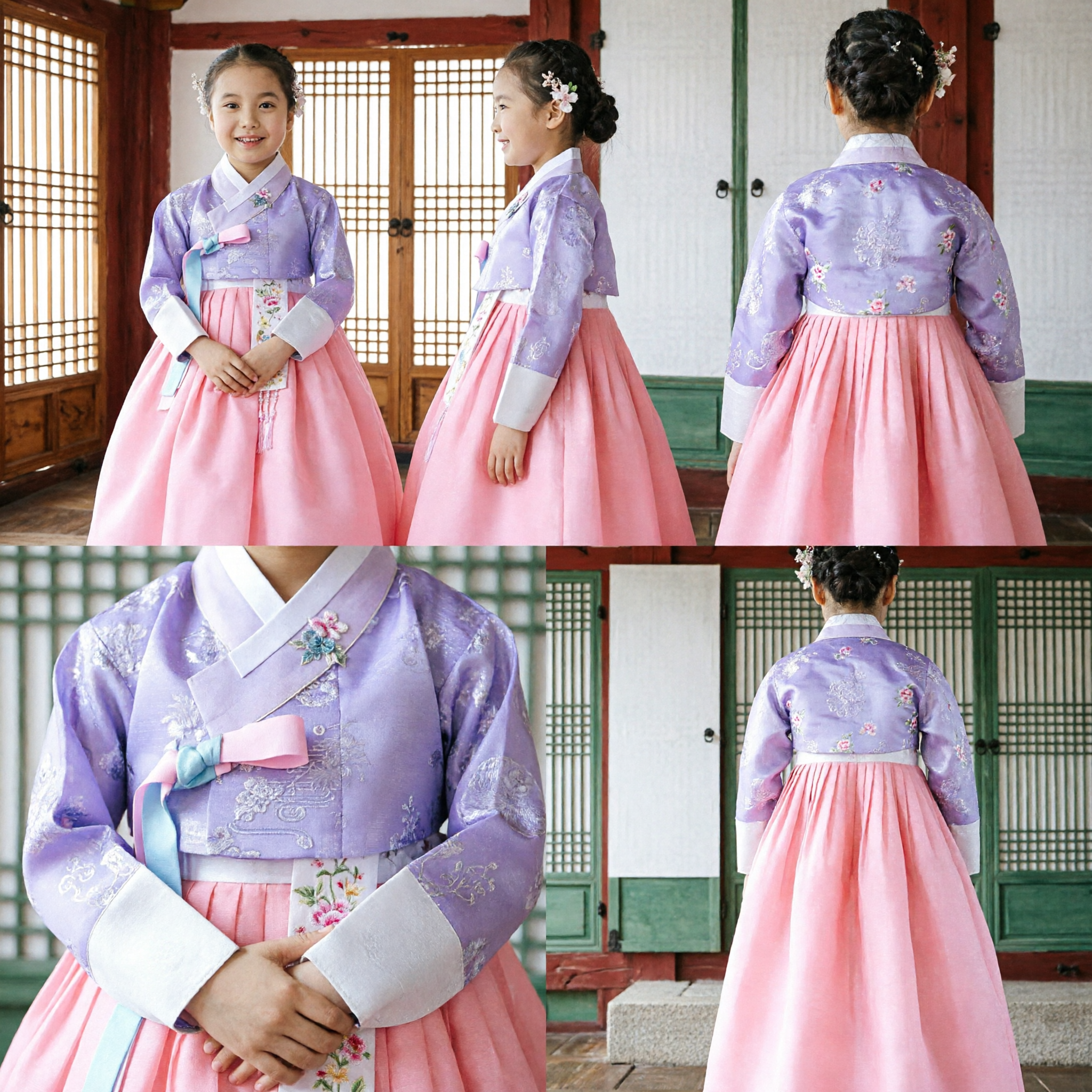 Koreanisches traditionelles Hanbok-Kleid für Mädchen - Lila-rosa Seidenkostüm für Hochzeit und Geburtstagsfeier - Asian Costume