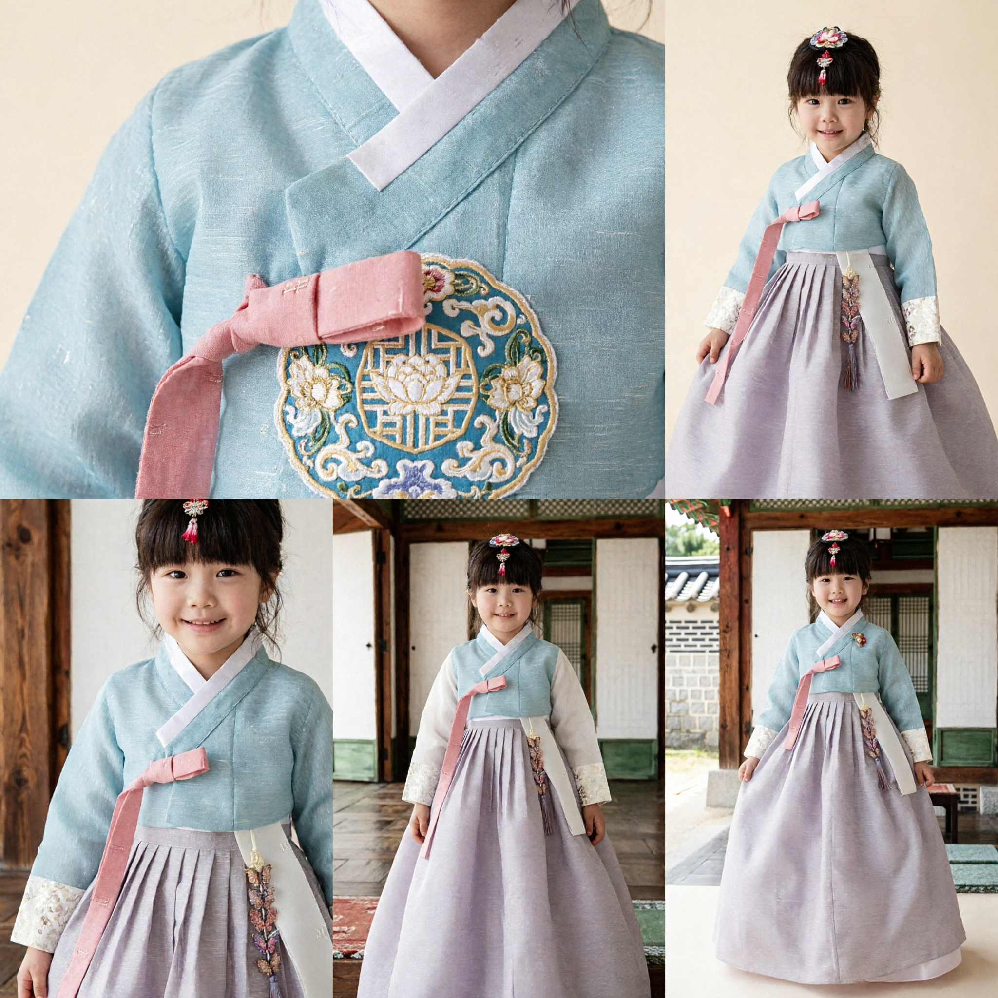 Hanbok Tradizionale Coreano per Ragazze, Set Top Azzurro e Gonna Viola, Costume per Festival - Asian Costume