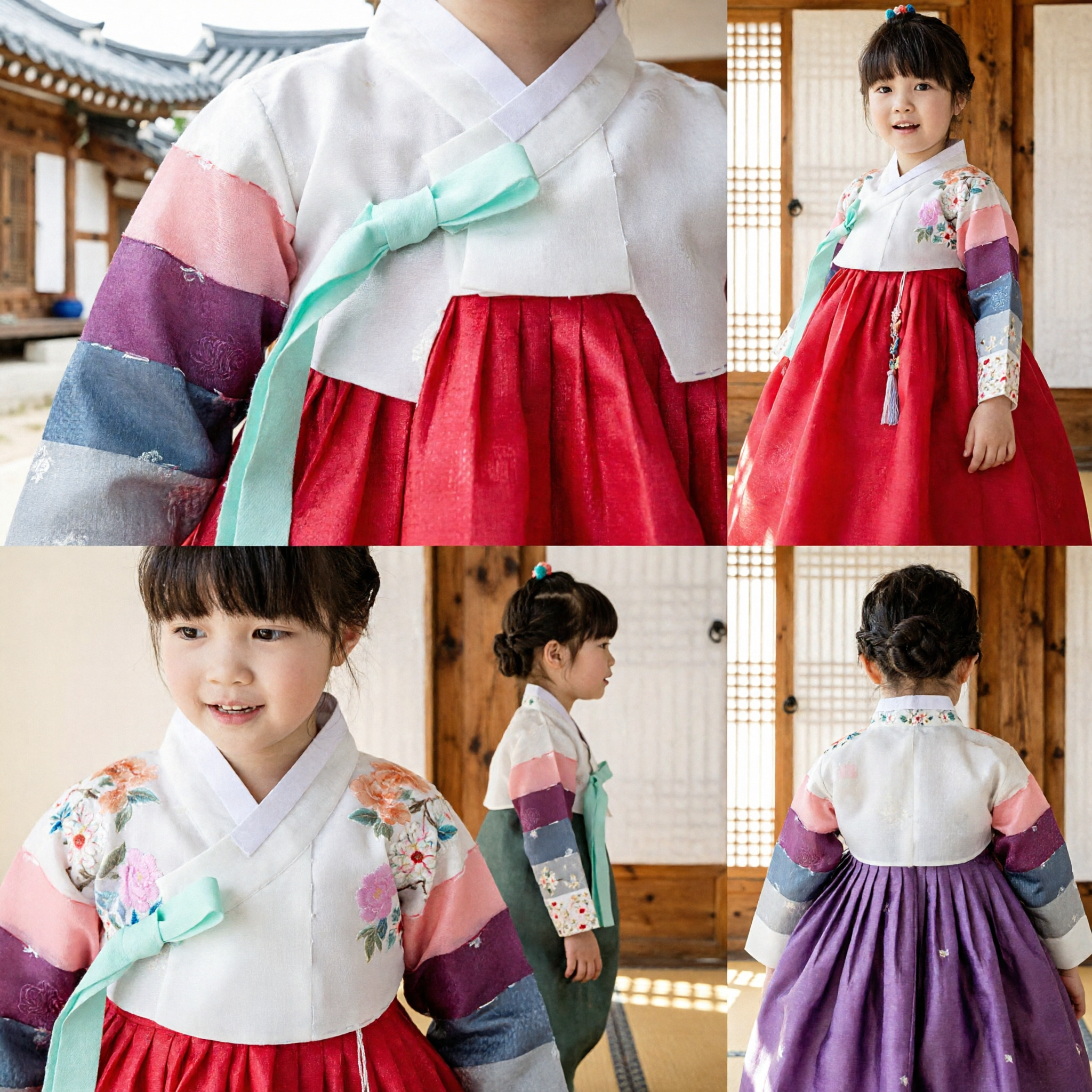 Traditionele Koreaanse Hanbok Jurk voor Meisjes - Kinderen Rode Chima Rok, Gebloemde Jeogori Top Bruiloft Feest - Asian Costume