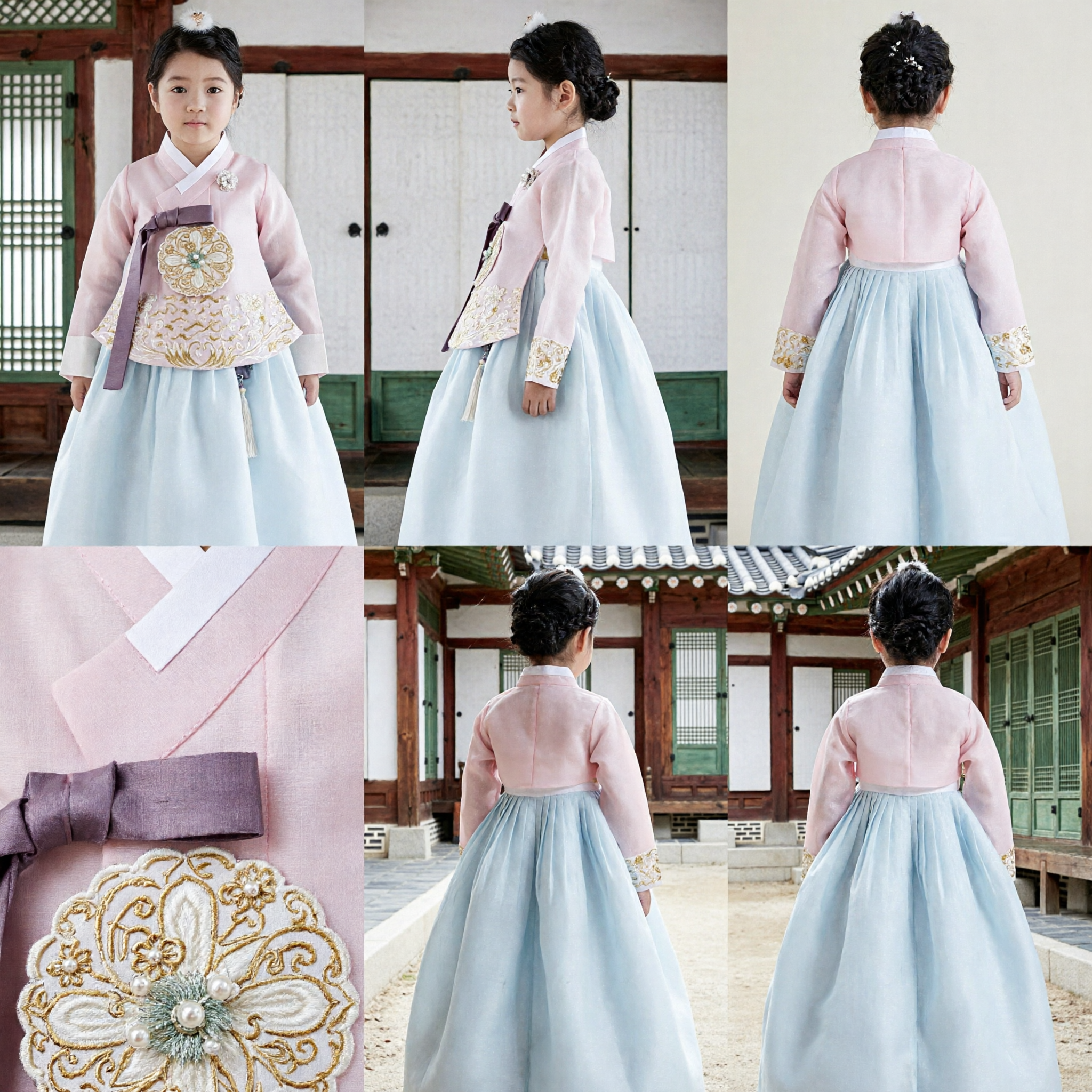 Robe Hanbok traditionnelle coréenne pour filles - Ensemble Jeogori rose et Chima bleu pour mariage, anniversaire et fête Dol - Asian Costume