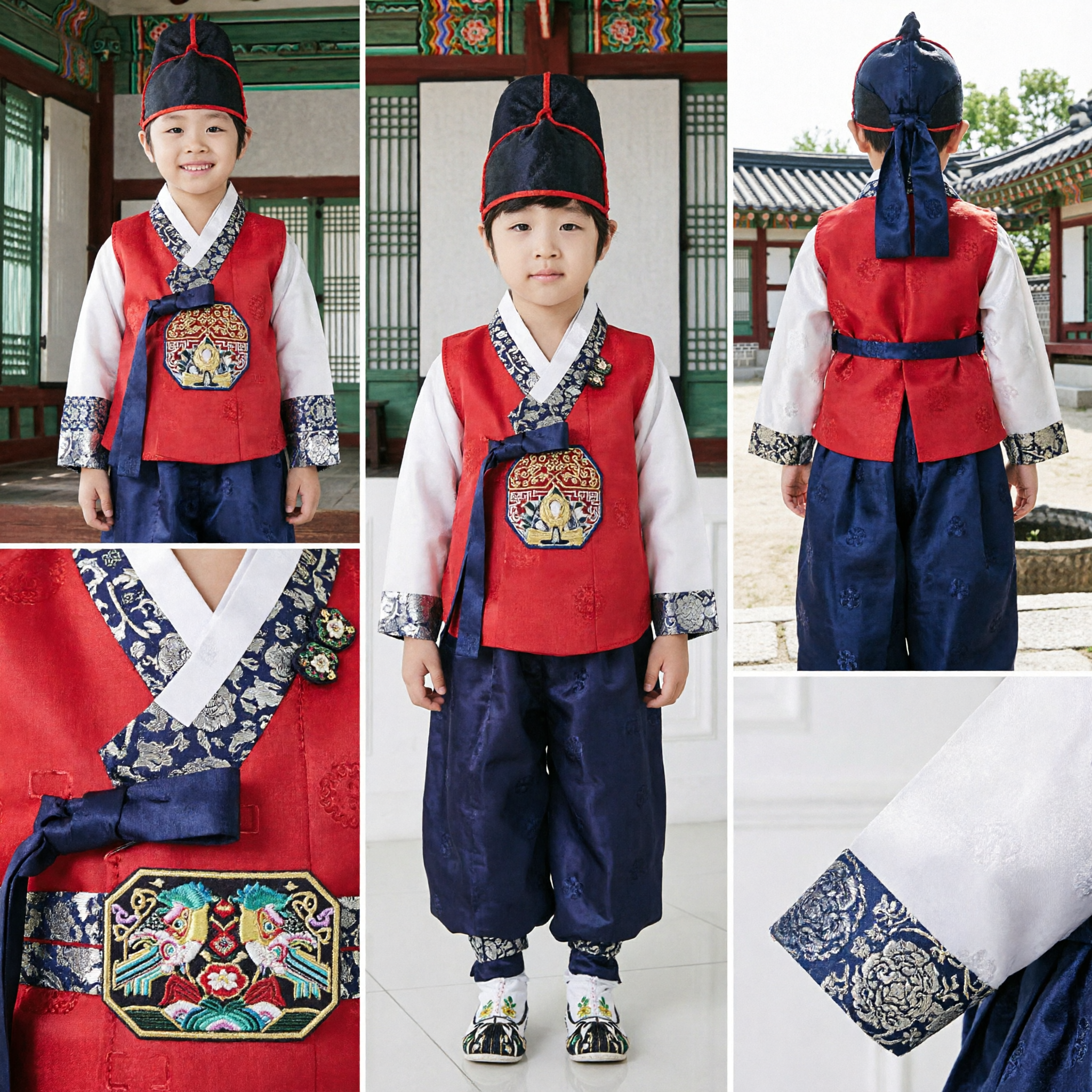 伝統的な韓国ハンボク 男の子用 赤いベスト 青いズボンセット 初誕生祝い結婚式用 - Asian Costume