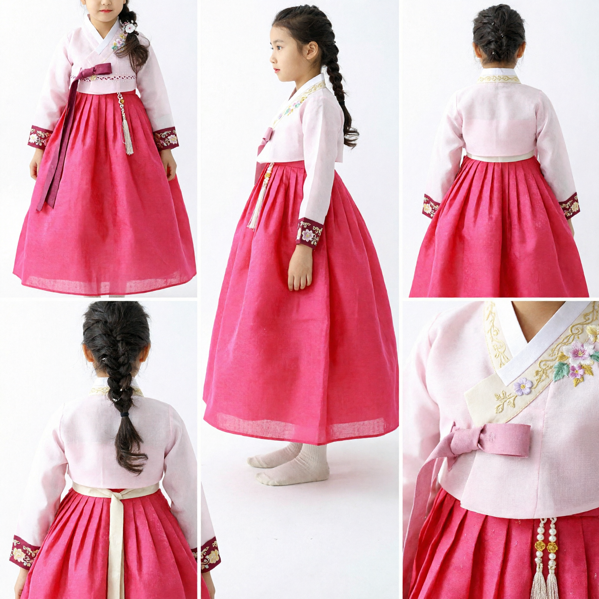 Dziecięcy koreański hanbok, tradycyjna sukienka, różowa chima, białe jeogori, dziewczęcy strój na ślub i święta - Asian Costume