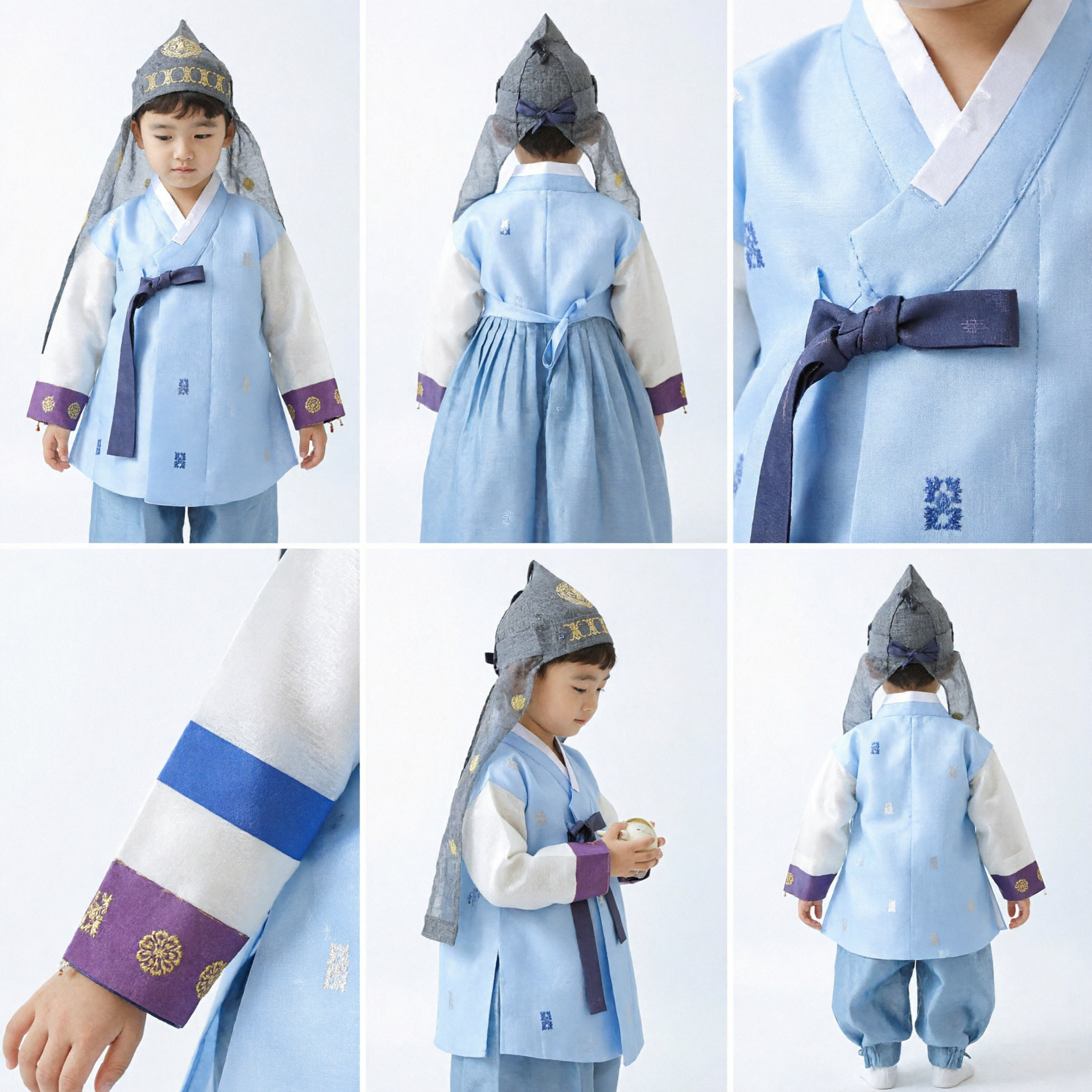 전통 한국 한복 남아 파란색 돌복 첫 돌 의식 의상 세트 (모자 포함) - Asian Costume