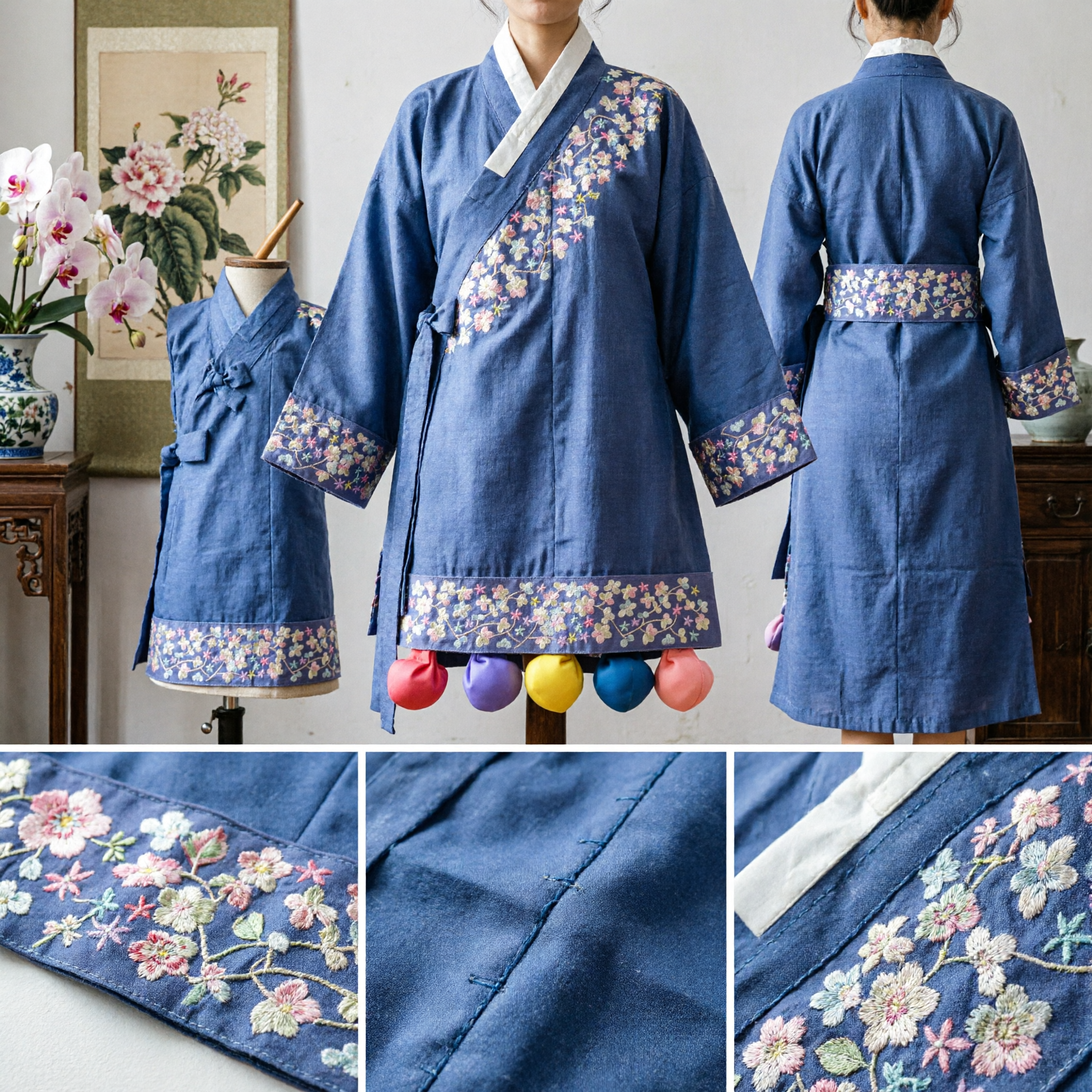 Nastro per capelli tradizionale coreano Tteogji, con ricamo floreale e palline di seta colorate per Hanbok da donna - Asian Costume