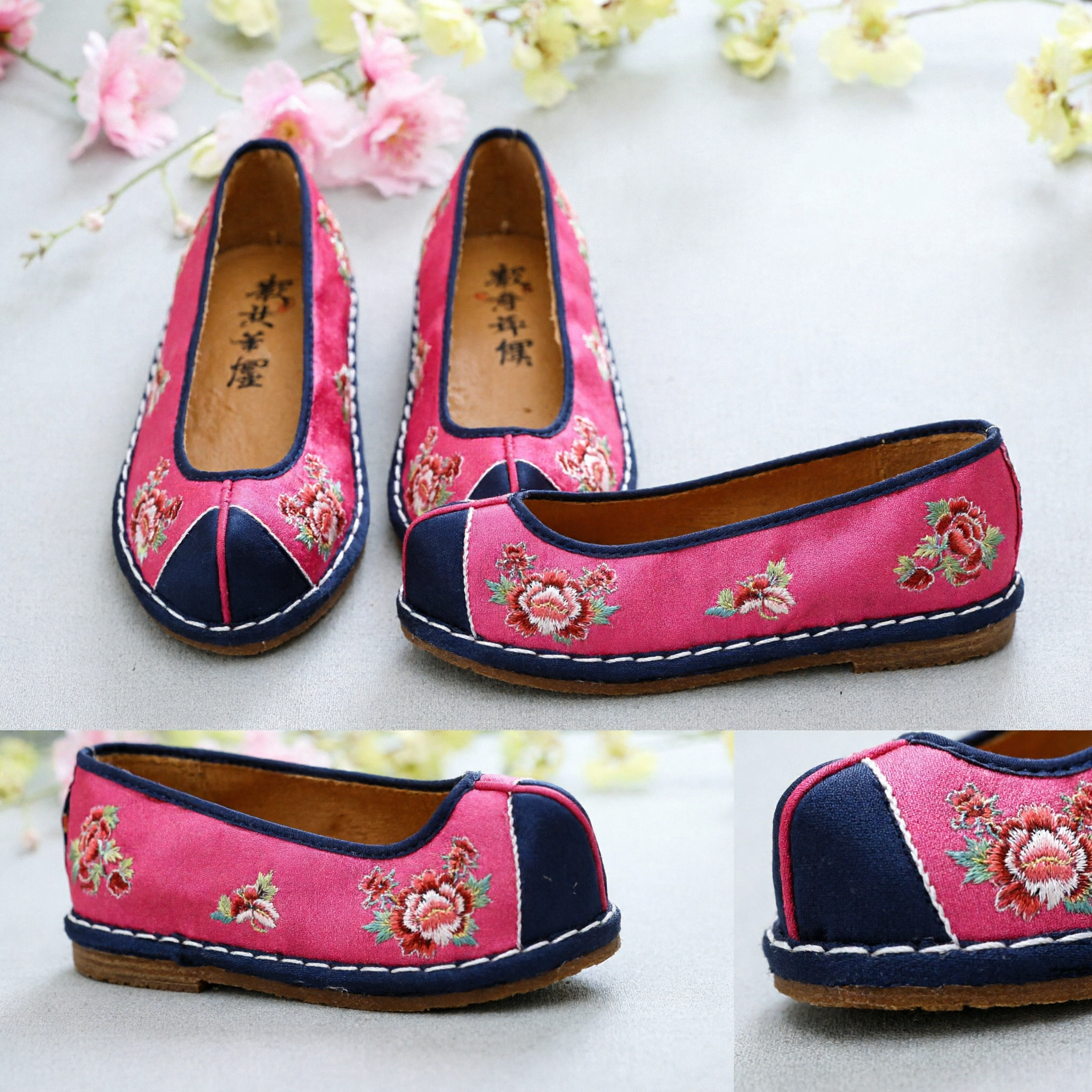 Traditionele Chinese roze geborduurde bloemen stoffen schoenen voor vrouwen oude Mantsjoe Hanfu kostuum accessoires - Asian Costume