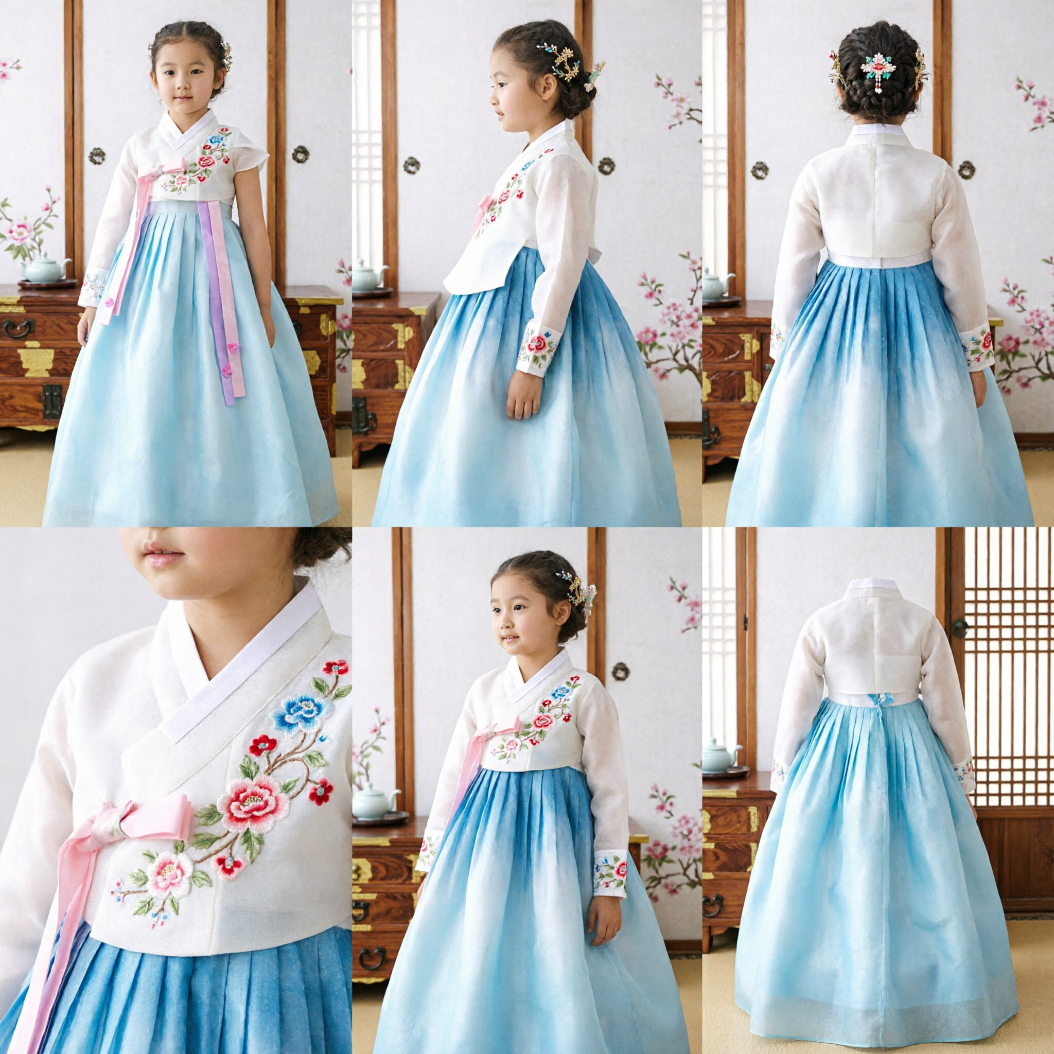 Vestido Tradicional Coreano Hanbok para Niñas, Falda Azul y Top Blanco con Encaje, Ropa Formal para Fiestas - Asian Costume