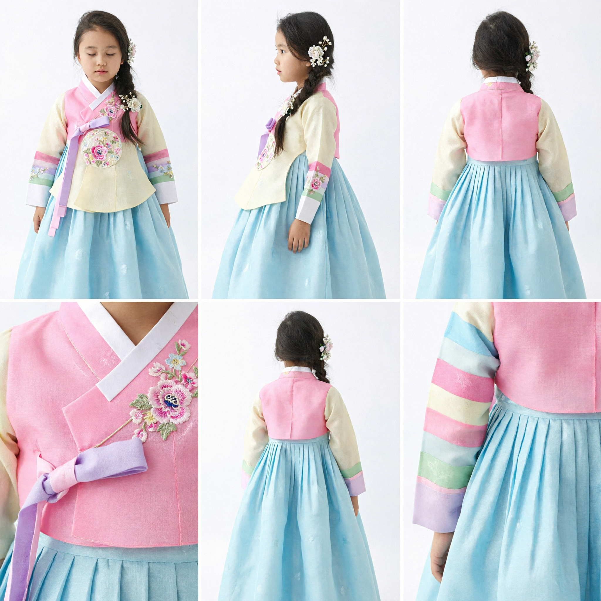 Mädchen koreanisches traditionelles Hanbok-Kleid rosa florales Oberteil und blauer Rock für Hochzeitsfeier und Aufführung - Asian Costume