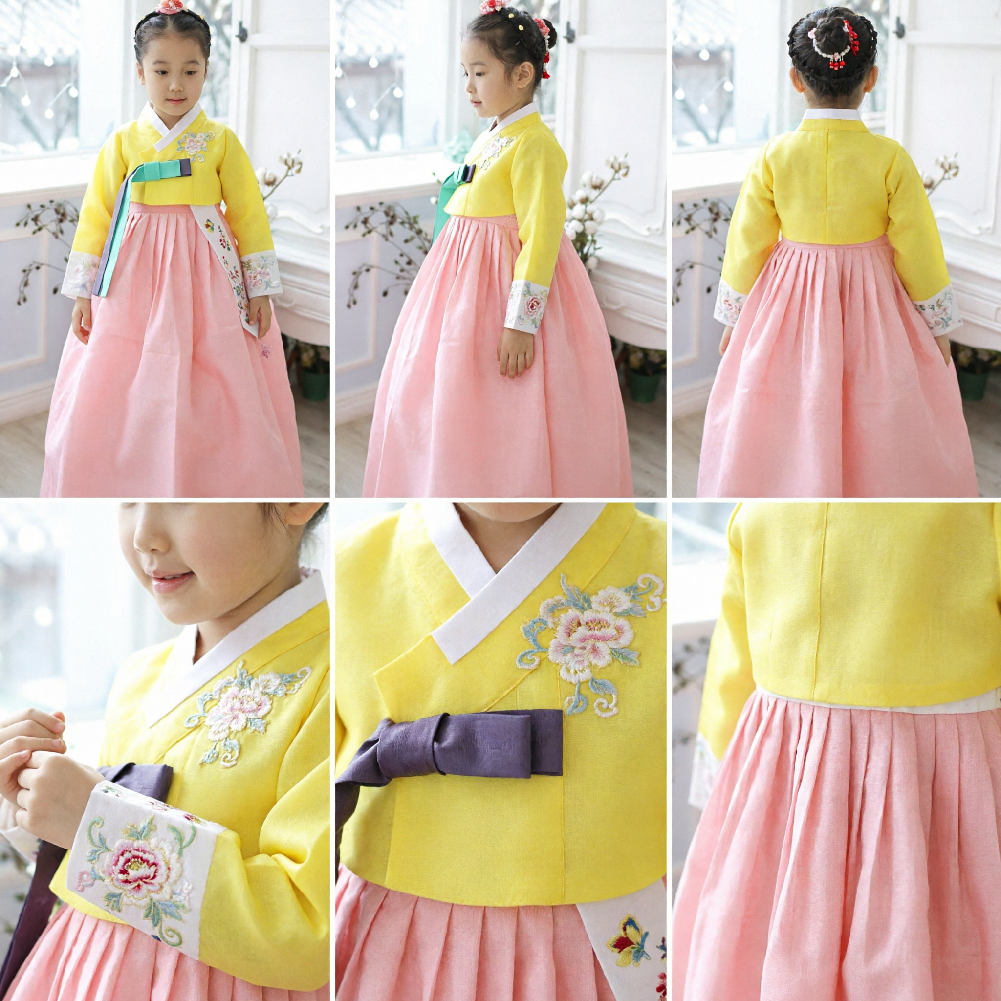Mädchen koreanisches traditionelles Hanbok-Kleid gelbes Oberteil rosa Rock besticktes formelles Kostüm für Hochzeits- und Geburtstagsfeier - Asian Costume
