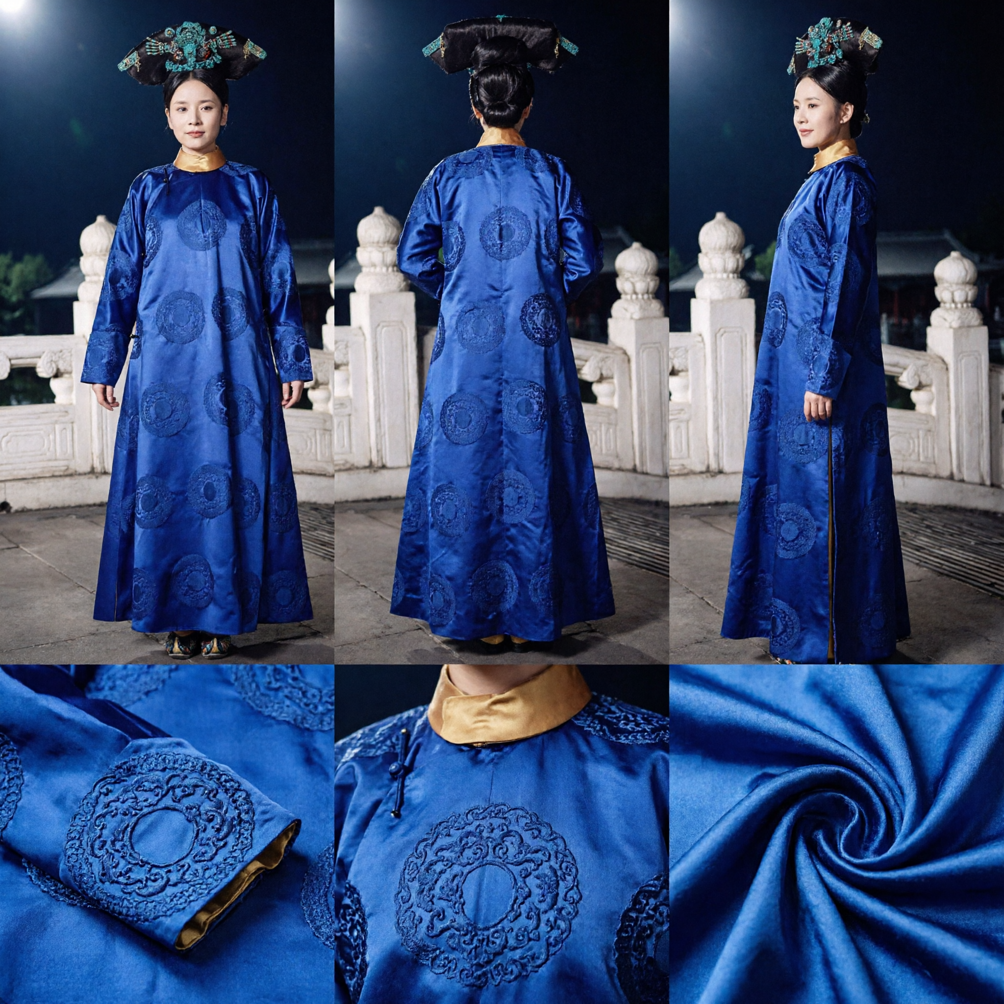 Costume traditionnel chinois de la dynastie Qing - Robe bleue de noble femme mandchoue et coiffe ornée - Ensemble complet pour femmes - Asian Costume
