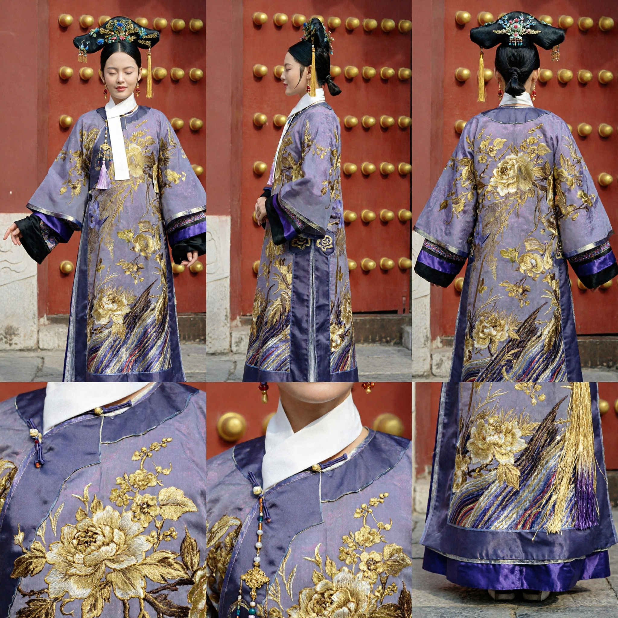 Costume de princesse mandchoue de la dynastie Qing chinoise ancienne - Robe à broderie dorée violette - Robe traditionnelle pour cosplay féminin - Asian Costume