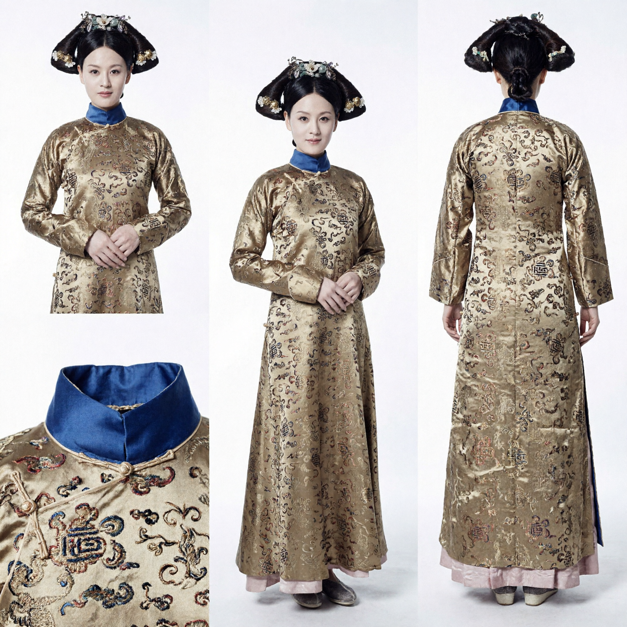 Traje de la Antigua Dinastía Qing China Noble Mujer Túnica Manchu Bordada en Brocado de Oro para Mujeres Cosplay - Asian Costume