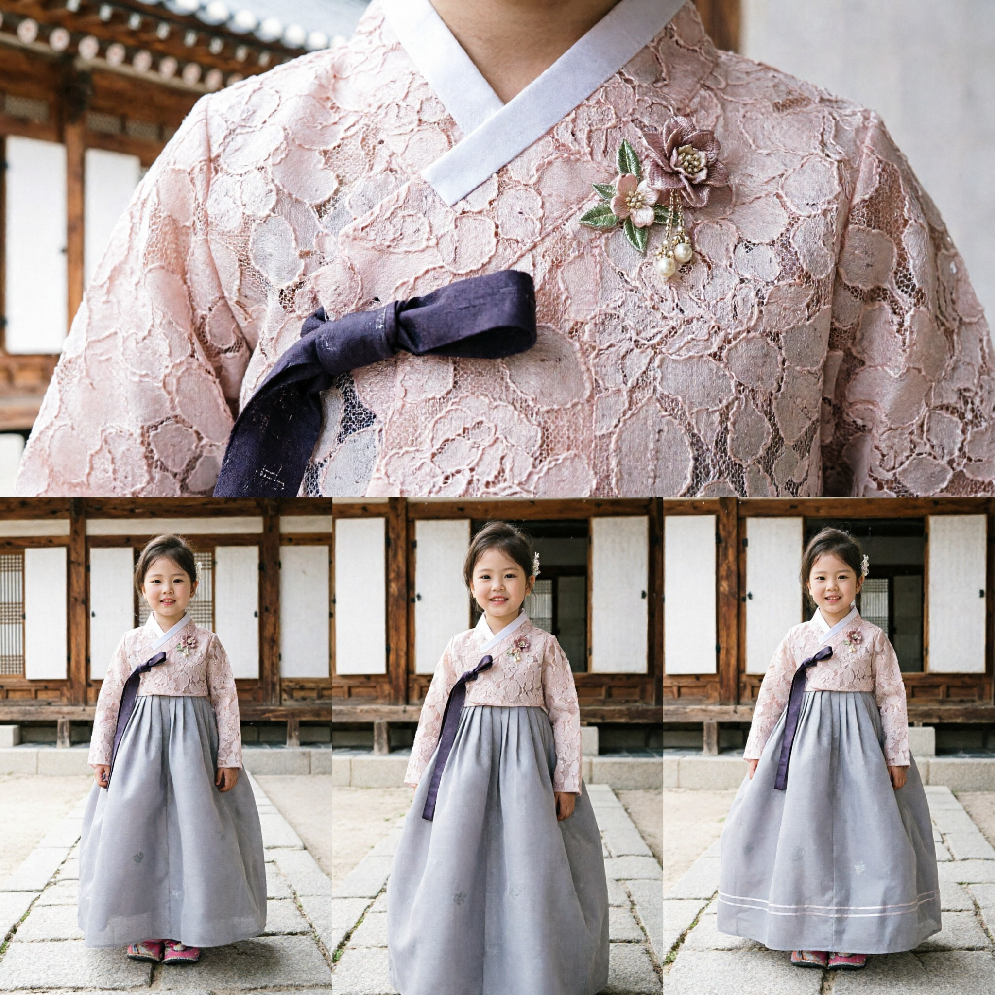 Traditional Korean Hanbok for Girls Pink Lace Jeogori Grey Chima Set for Wedding and Doljanchi - Asian Costume