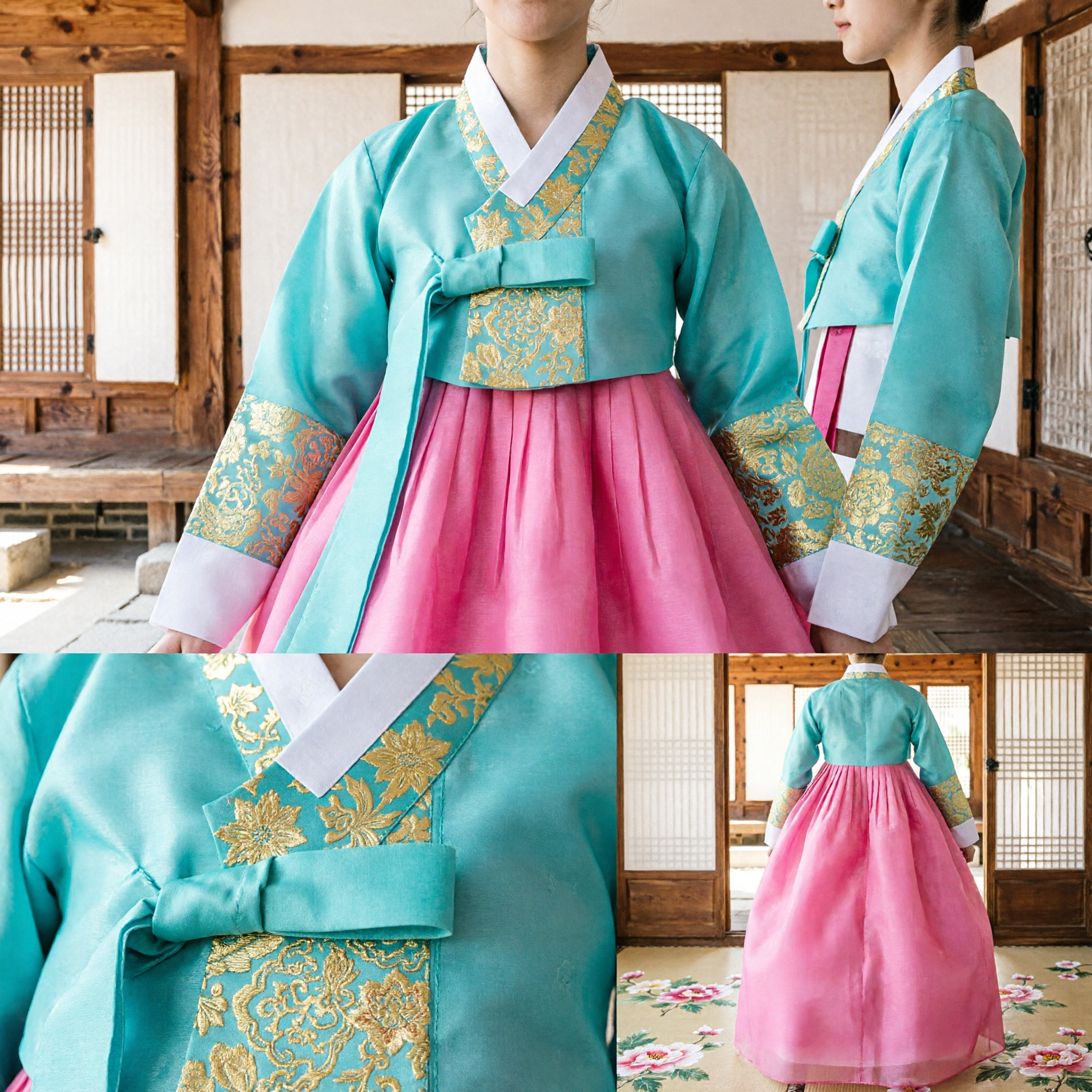 Traditional Korean Hanbok for Girls Blue and Pink Dress with Gold Trim for Birthday Wedding Festival - Asian Costume