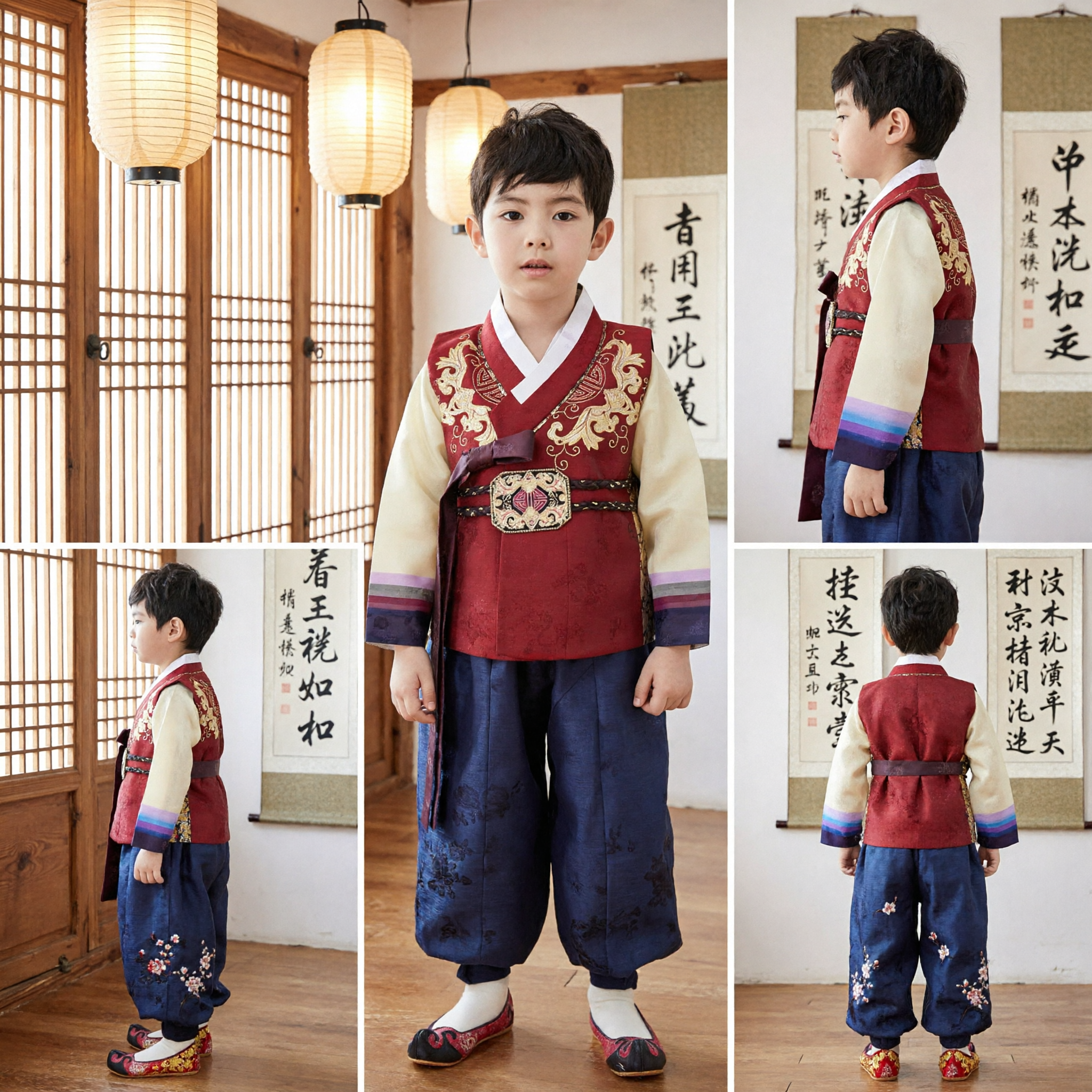 Jongens Traditioneel Koreaanse Hanbok Kostuum Rood Geborduurd Vest en Blauwe Broek Set voor Dol Verjaardagsviering - Asian Costume