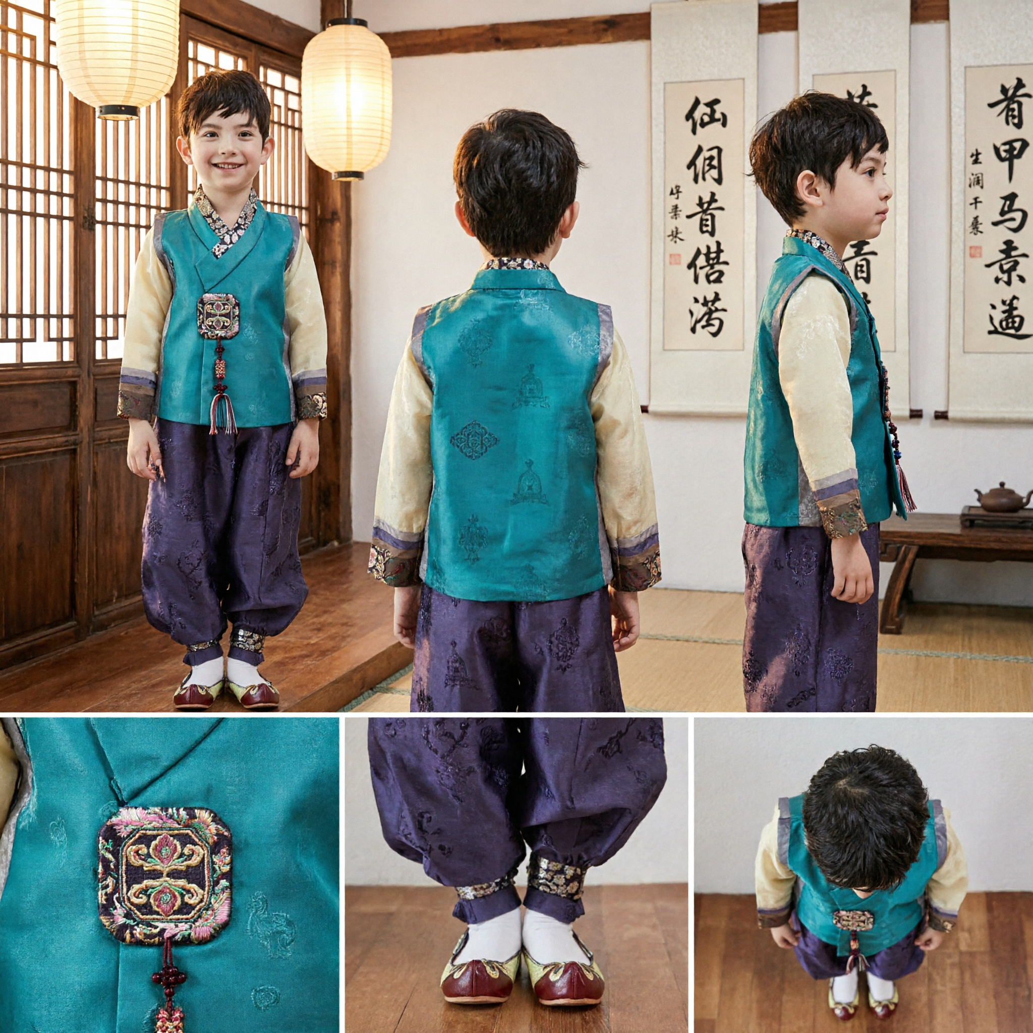 Set Hanbok tradizionale coreano per ragazzi, gilet verde e pantaloni Baji viola per bambini per festività e festival - Asian Costume