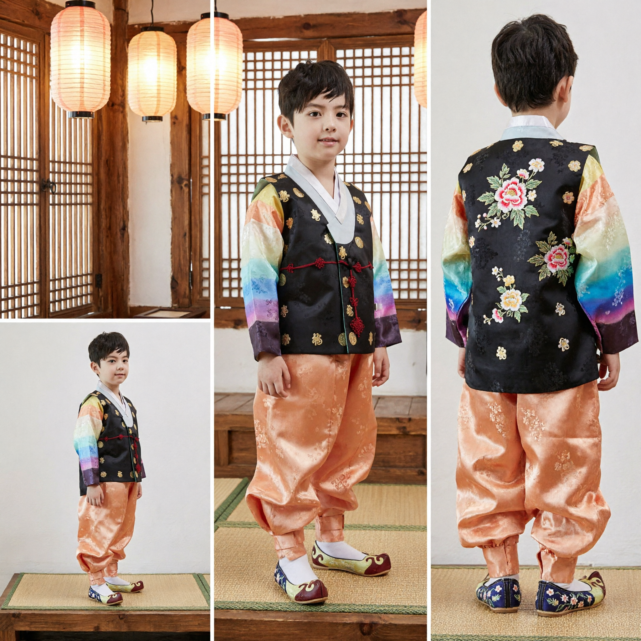 Set costume Hanbok tradizionale coreano per ragazzi, gilet ricamato nero oro e pantaloni arancioni, completo per festività e compleanni - Asian Costume