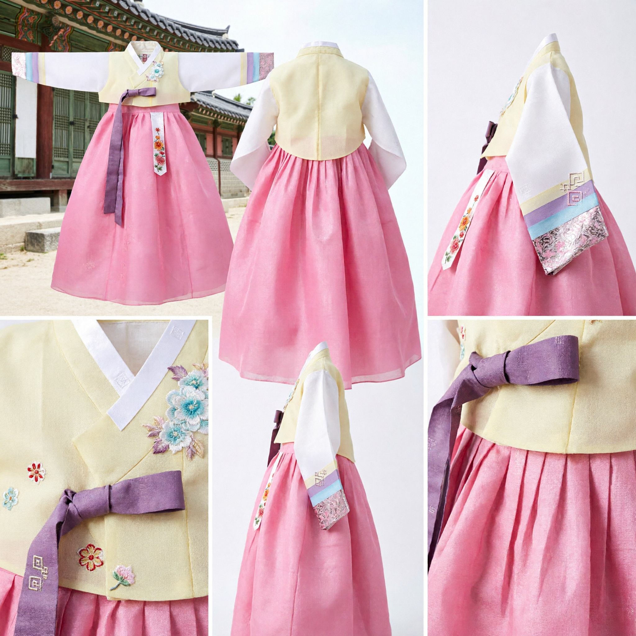 Vestido Hanbok Tradicional Coreano para Meninas Blusa Amarela Saia Rosa com Bordado Floral Traje Infantil para Primeiro Aniversário - Asian Costume
