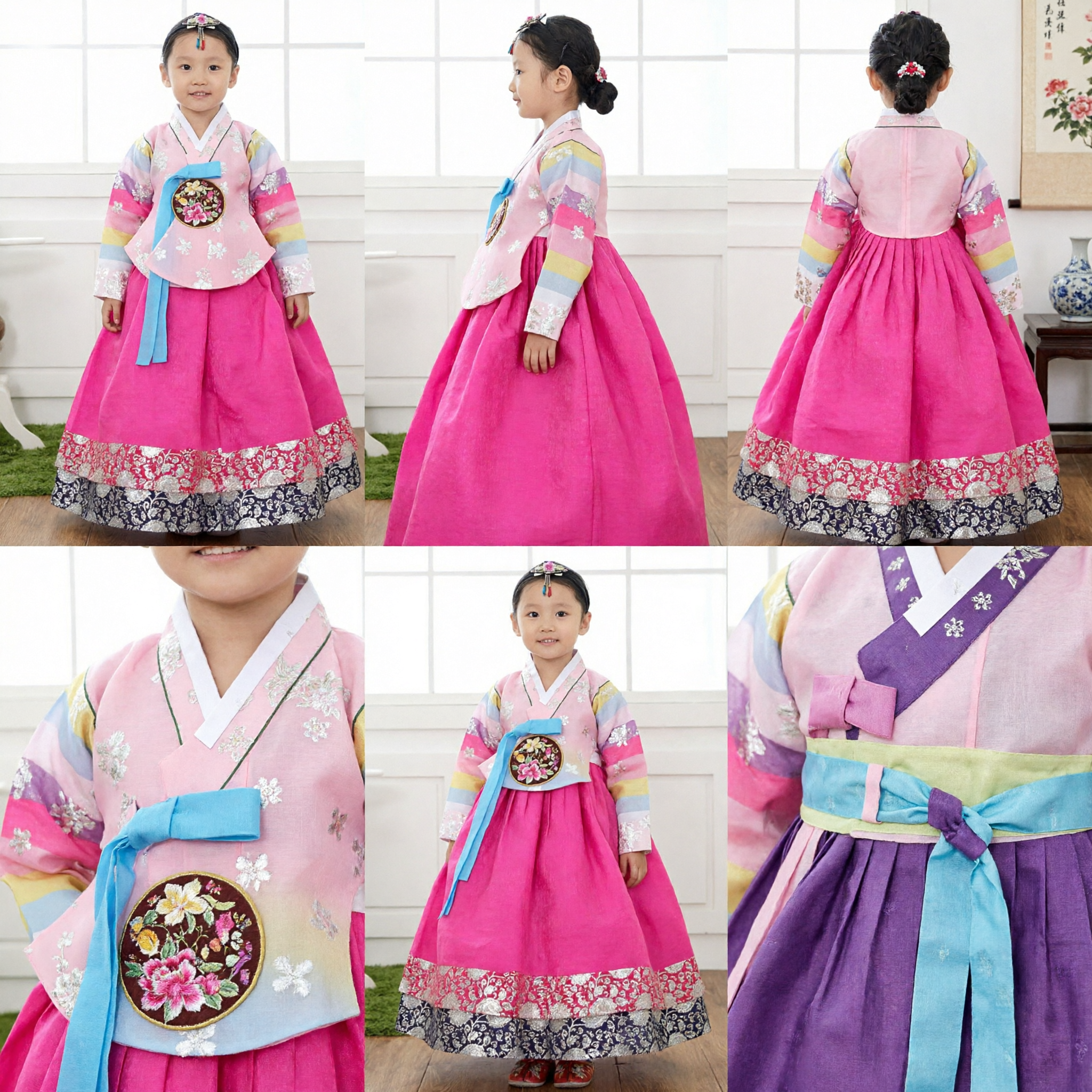 Mädchen koreanisches traditionelles Hanbok-Kleid, pinkes Blumenoberteil, magenta Rock für Geburtstags- und Hochzeitsfeier - Asian Costume