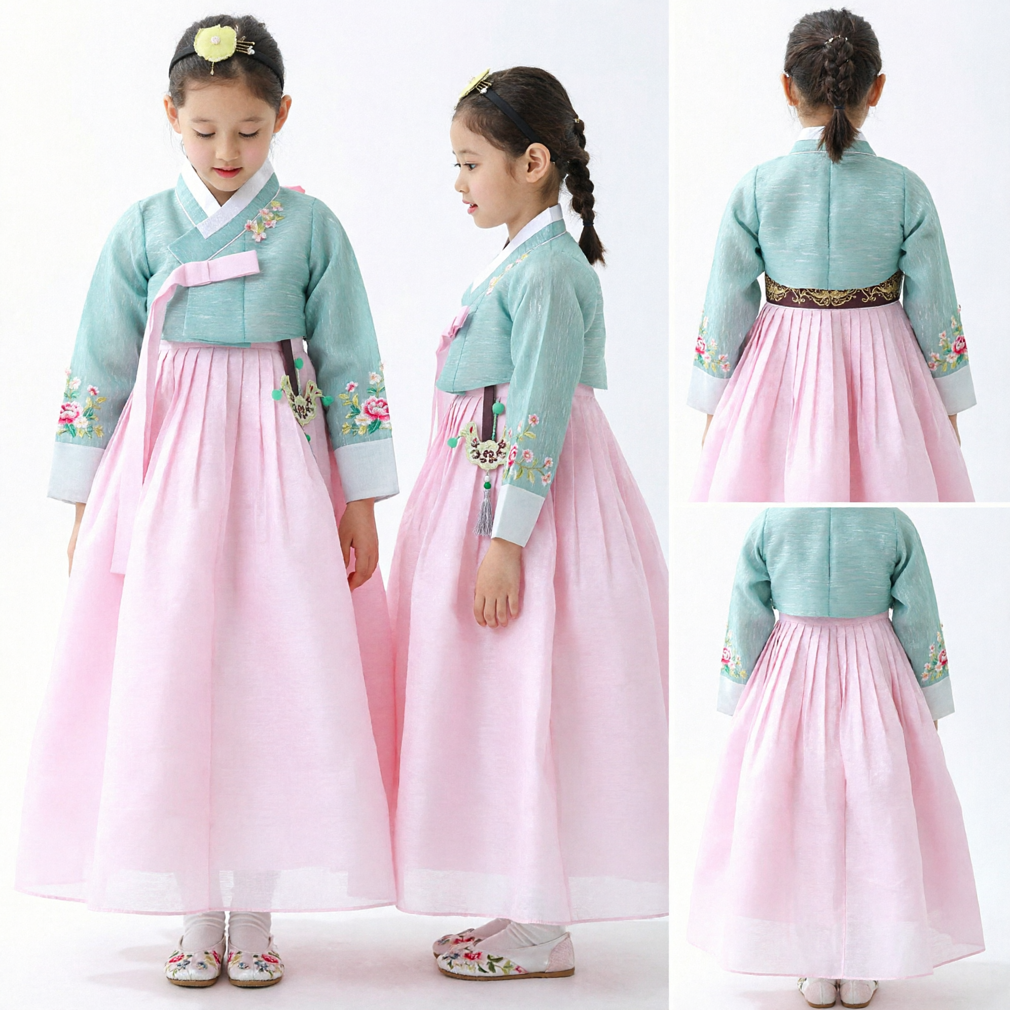 Hanbok Coreano Tradicional para Niñas Vestido de Ceremonia Jeogori Azul Claro Chima Rosa Traje para Fiestas - Asian Costume