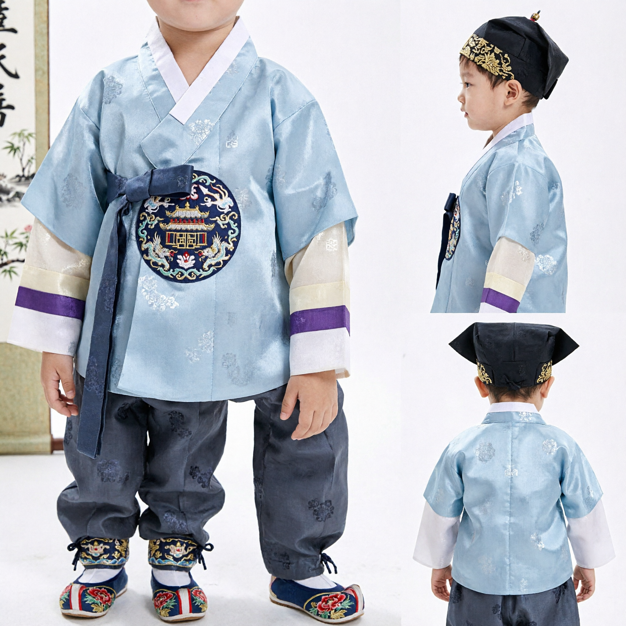 Hanbok traditionnel coréen pour garçons - Ensemble Jeogori bleu avec chapeau pour premier anniversaire Doljanchi - Asian Costume
