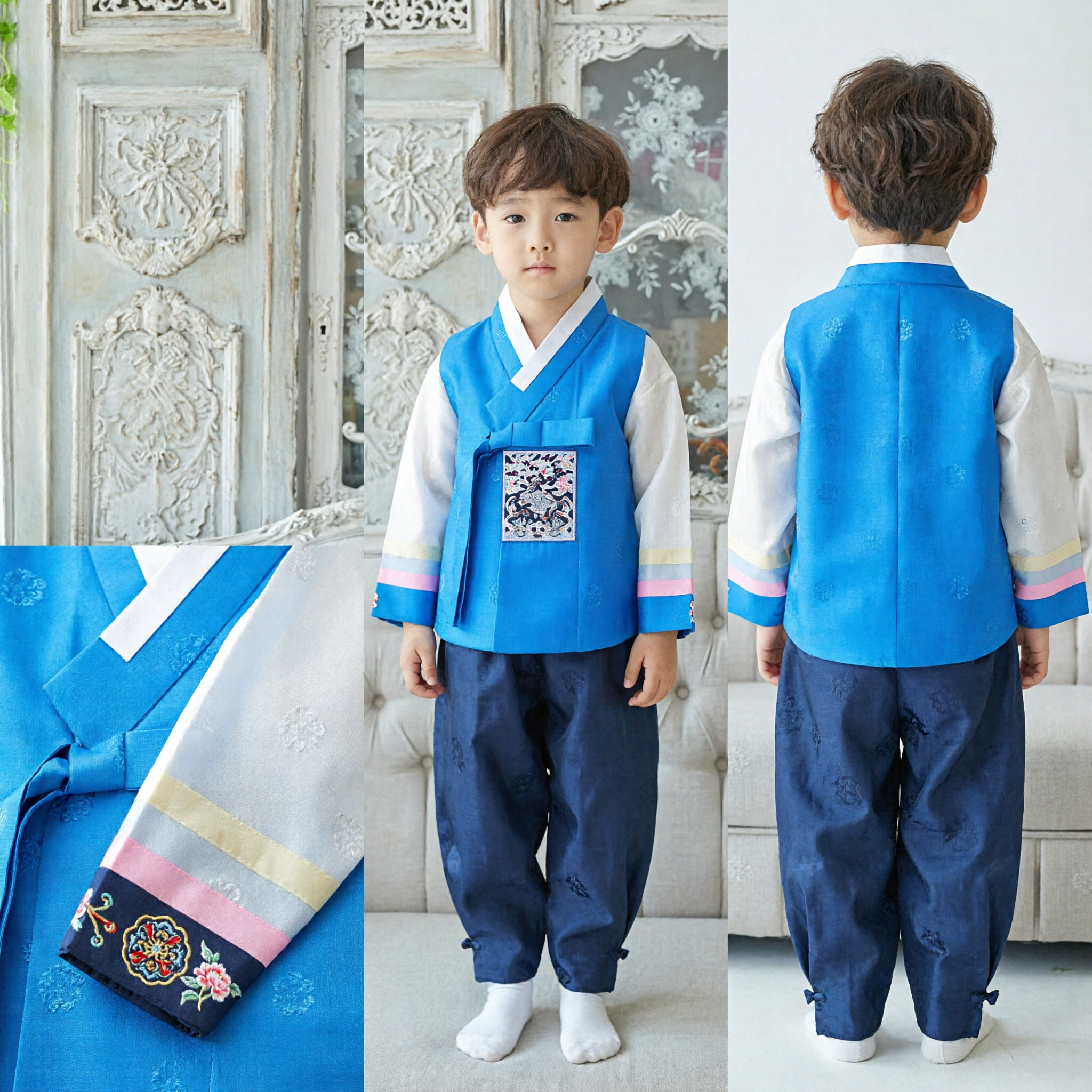 Costume Hanbok tradizionale coreano per ragazzi set gilet blu e pantaloni blu navy per vacanze e compleanni - Asian Costume